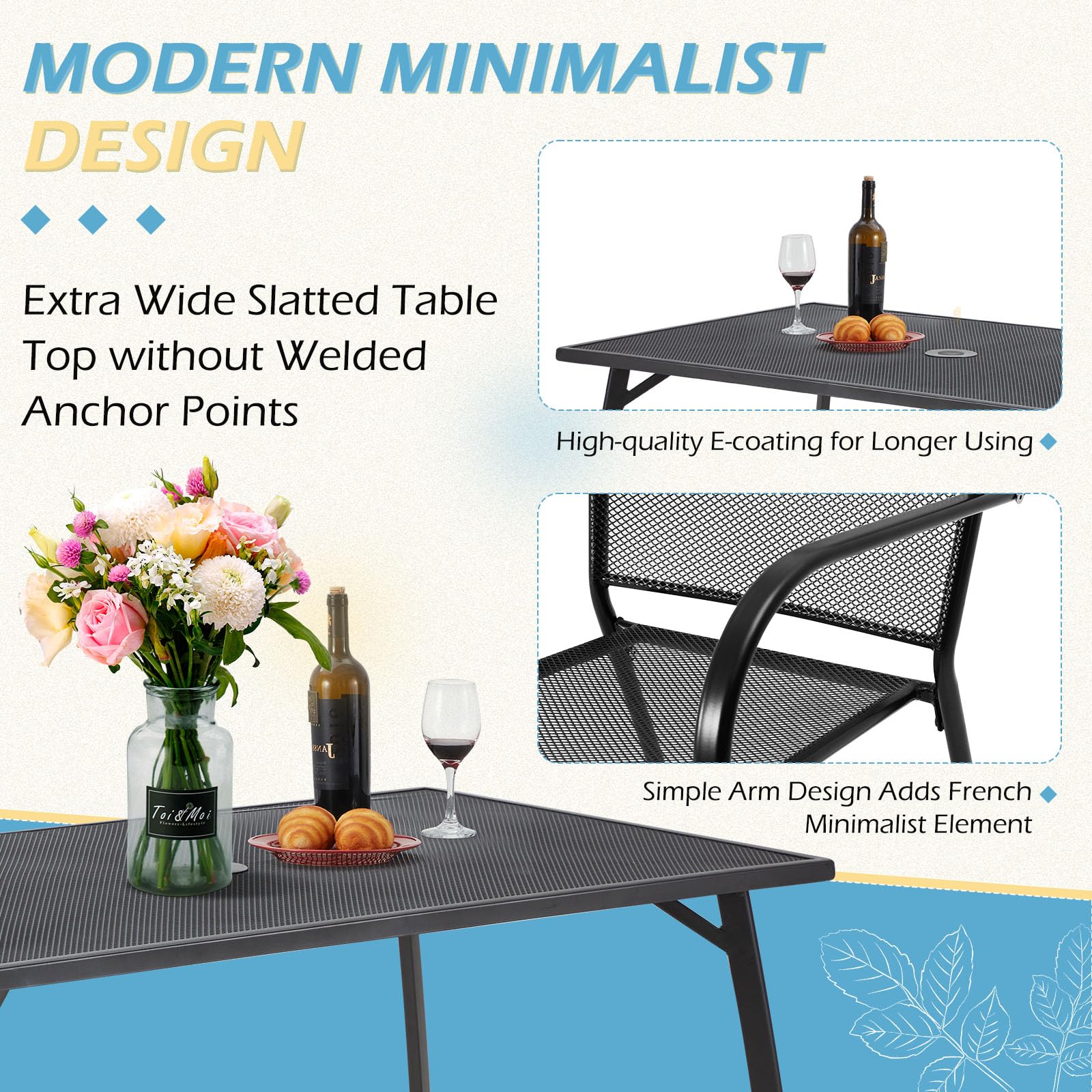 U-MAX 5-Piece Metal Outdoor Dining Set with Square Table & 4 Stackable Chairs - Patio Furniture for Garden, Deck, Backyard | Includes Umbrella Hole for Shade | Perfect for BBQs, Family Gatherings & Outdoor Entertaining
