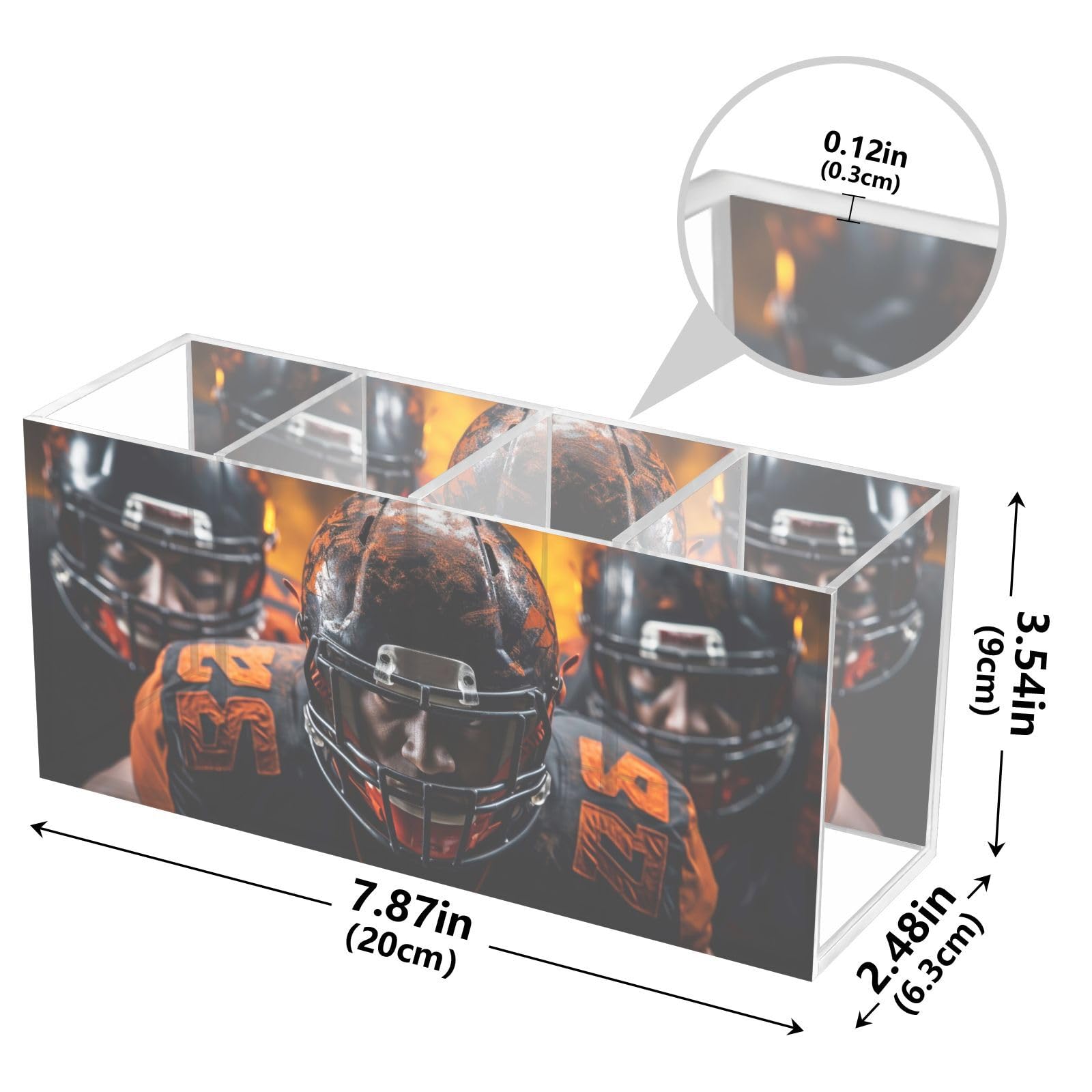 PDZRMY Acrylic Pen Holder with American Football Players Design - 4 Compartment Pencil Organizer, Brush & Utensil Cup - Personalized Pattern Desktop Organizer for Office, School, and Home Decor