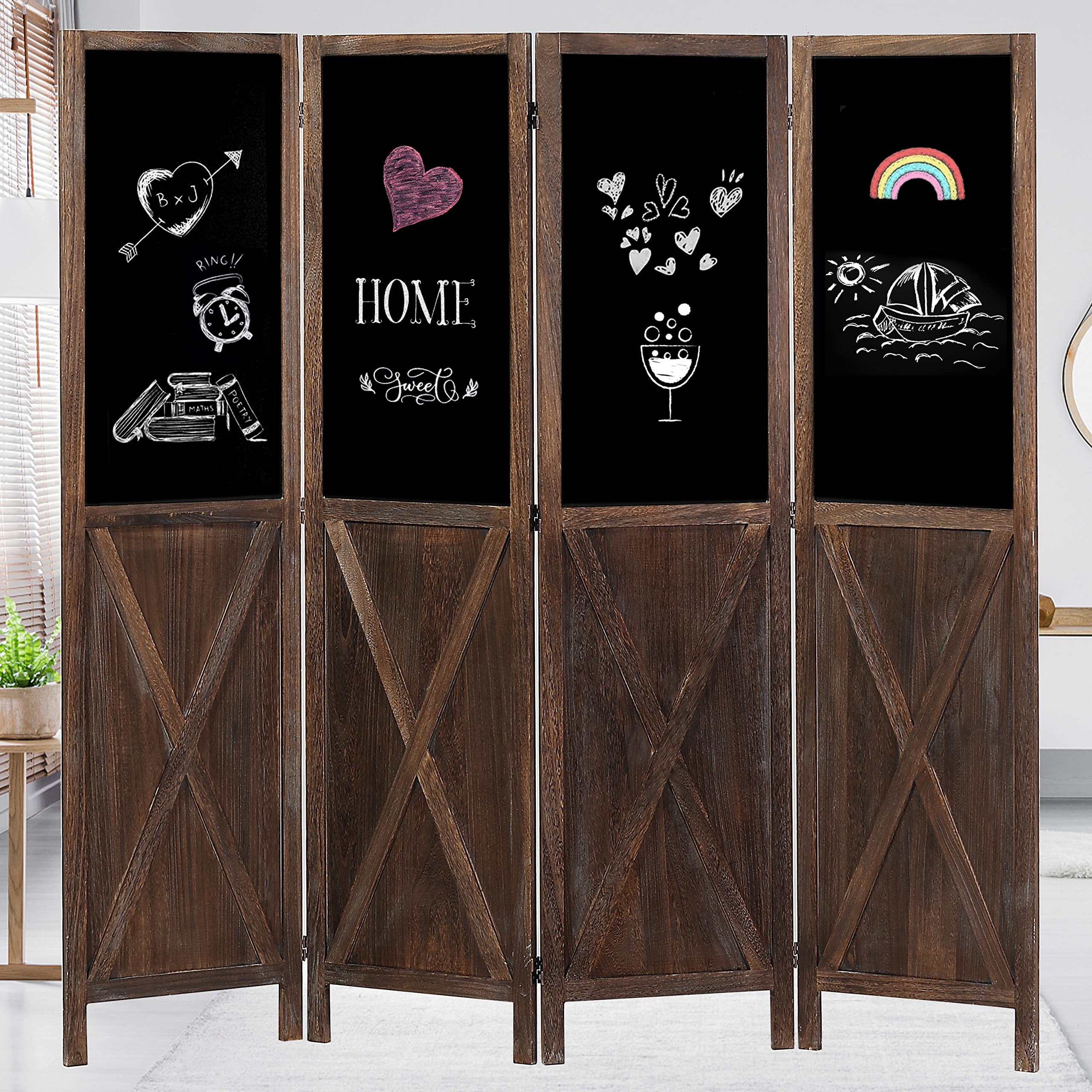 5.8Ft Tall Wood Room Divider with Chalkboard Panels - Rustic 4-Panel Folding Privacy Screen for Home, Office & Events - Barnwood Brown Partition Wall Separator for Living Room, Bedroom & Classroom Organization