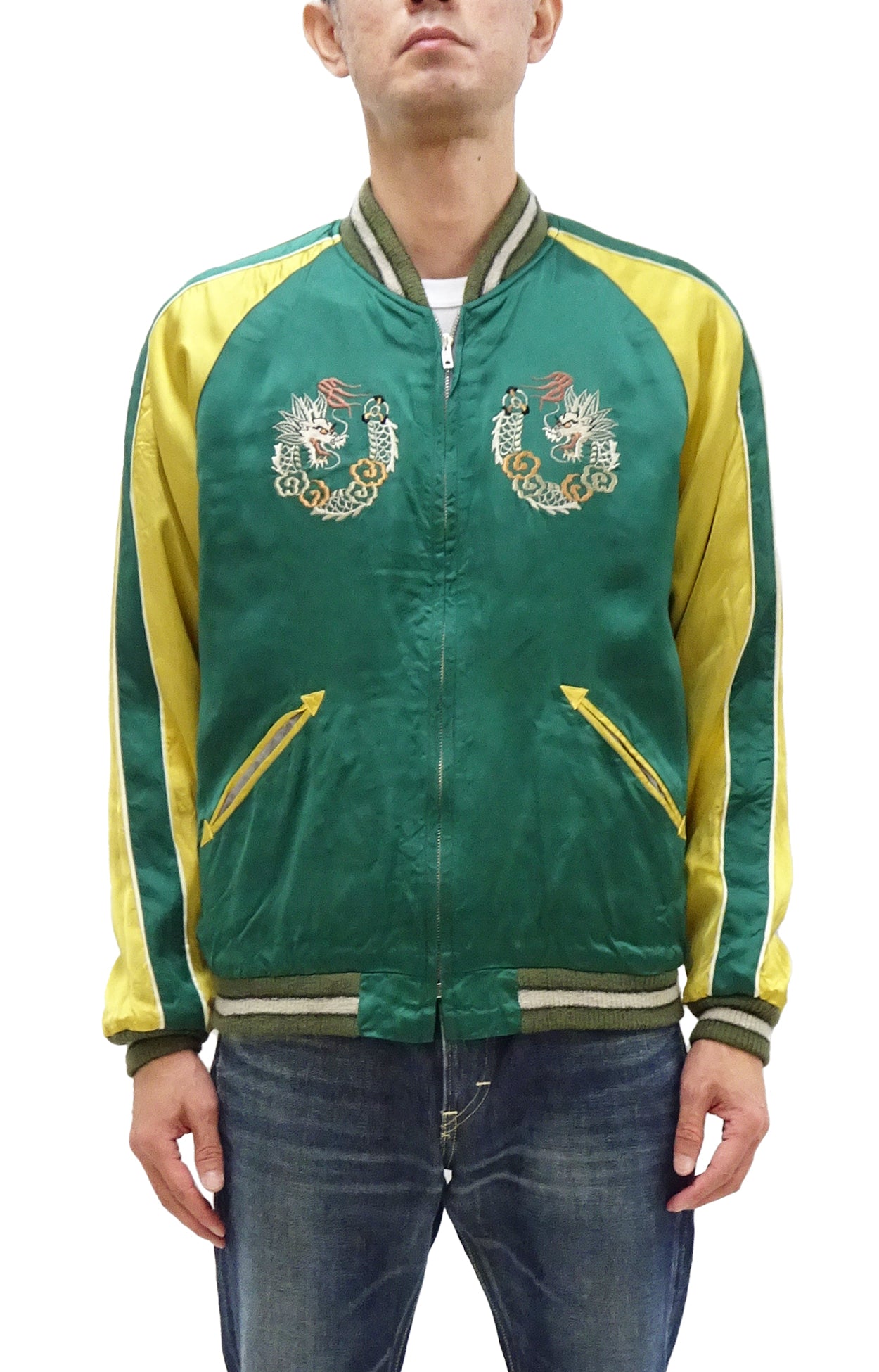 KOSHO & CO. Men's Japanese Souvenir Jacket - Silver Dragon & Tangled Dragons Embroidery Sukajan Jacket for Men | Vintage Asian Streetwear Fashion | Perfect for Casual Wear, Cosplay, and Gift Giving