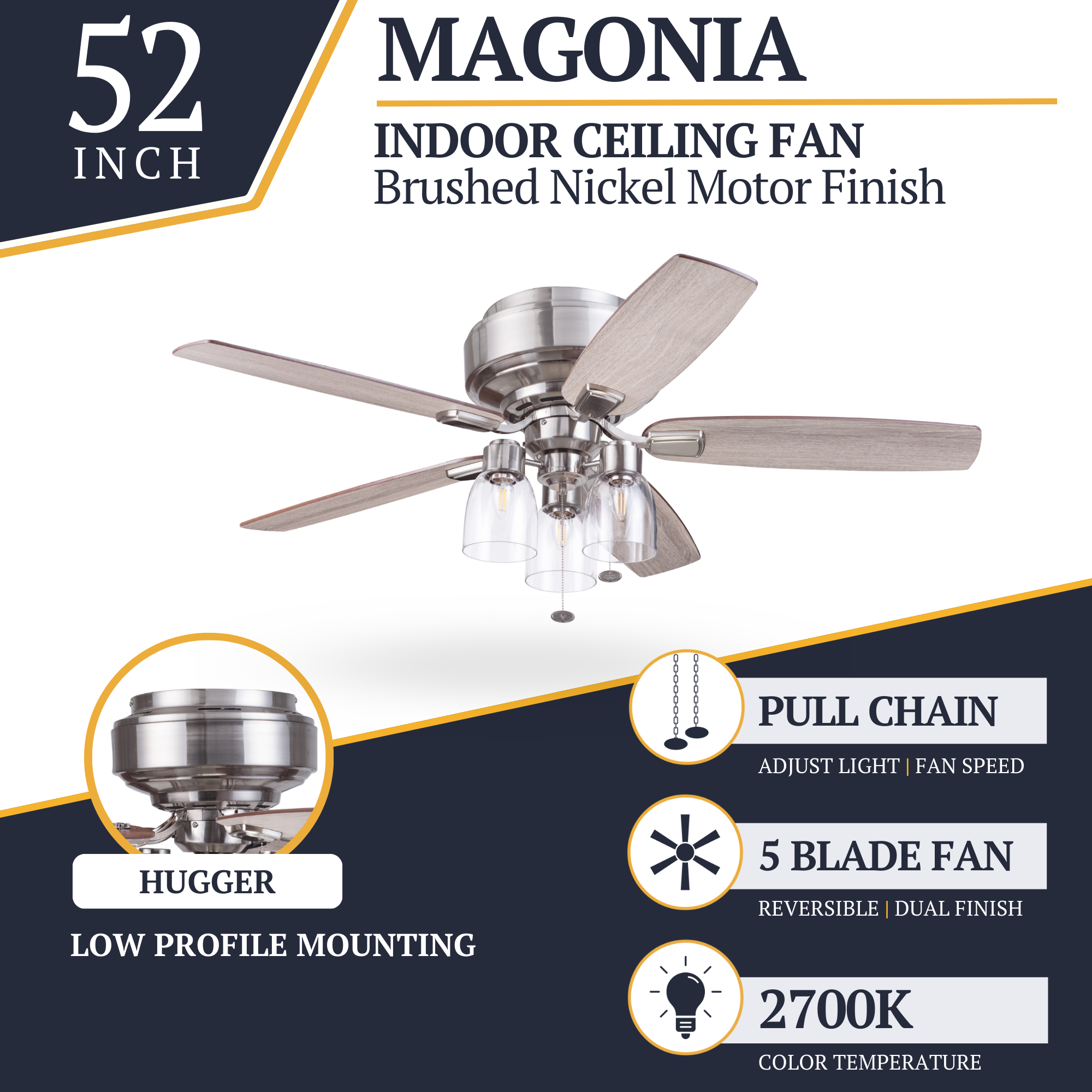 52 Inch Magonia Brushed Nickel Ceiling Fan with Pull Chain & Quick Attach™ - Perfect for Living Room, Bedroom, and Outdoor Spaces