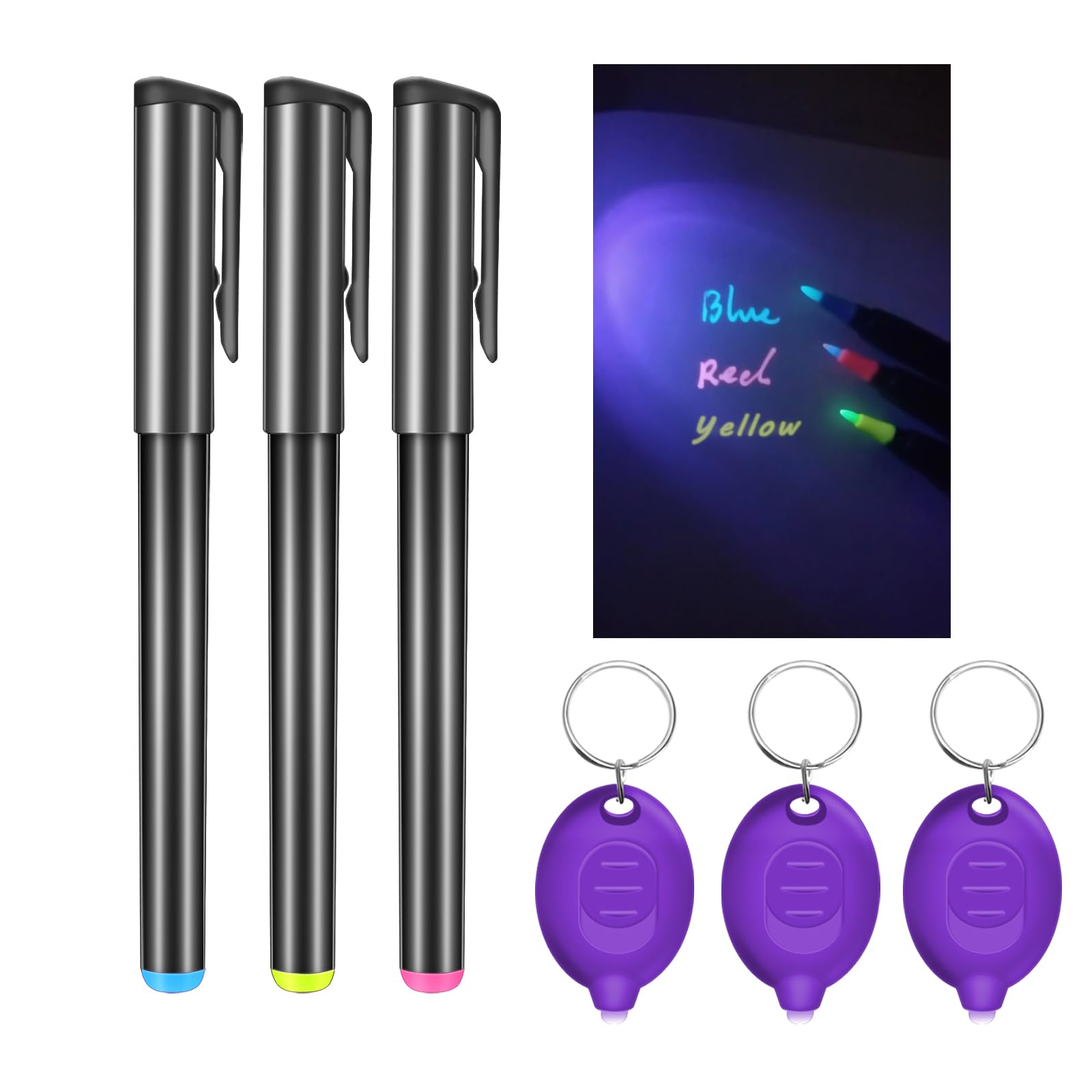 Spy Pen with Invisible Ink & 3 Mini UV LED Keychain Flashlights - Disappearing Ink Magic Pen with Black Light Markers for Secret Notes - Perfect for Christmas, Halloween Gifts & Secret Agent Games (3 Pack)