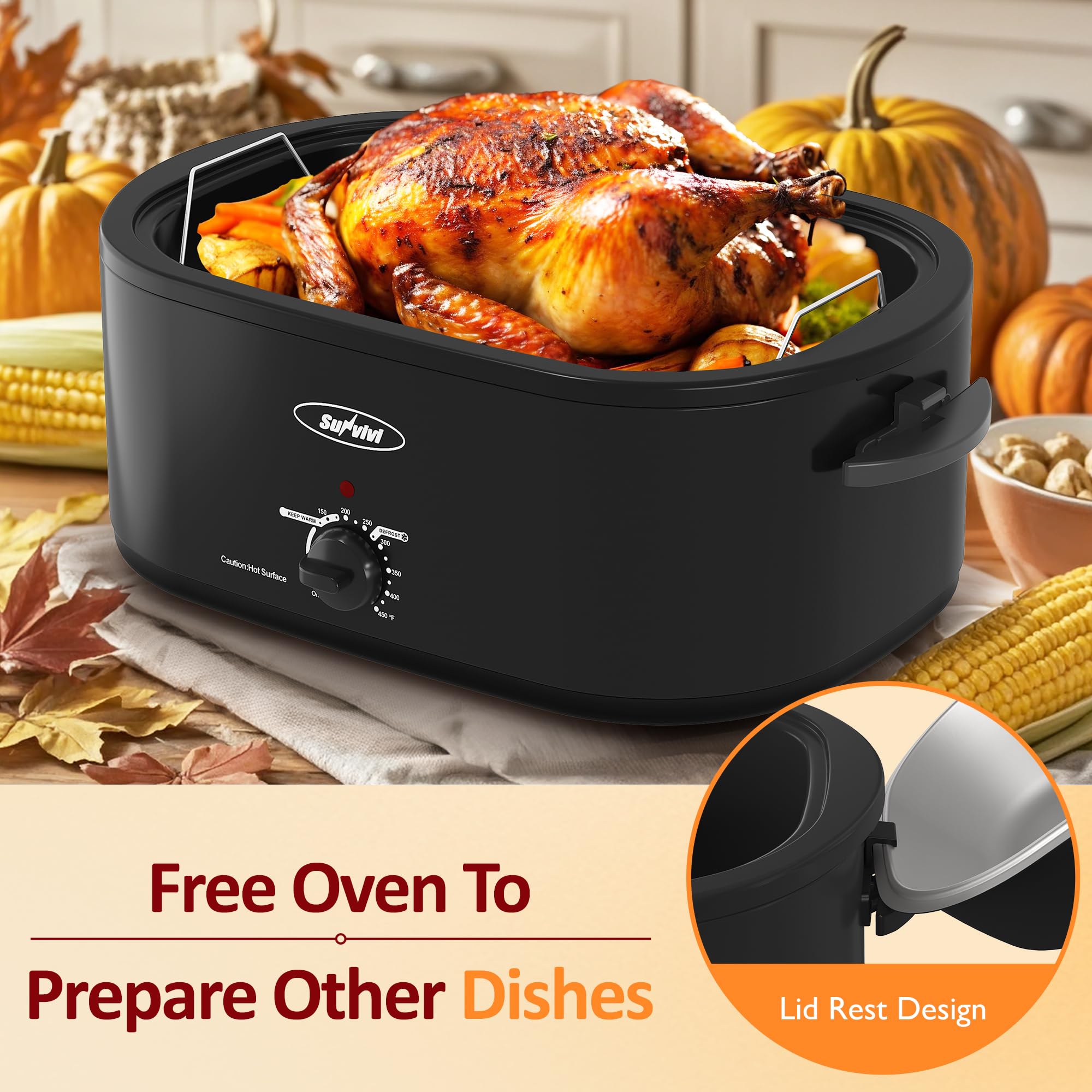 Sunvivi 26 Quart Electric Roaster Oven with Self-Basting Lid - Large Turkey Roaster with Removable Pan & Cool-Touch Handles for Holiday Cooking, Buffet Serving & Family Gatherings - Black