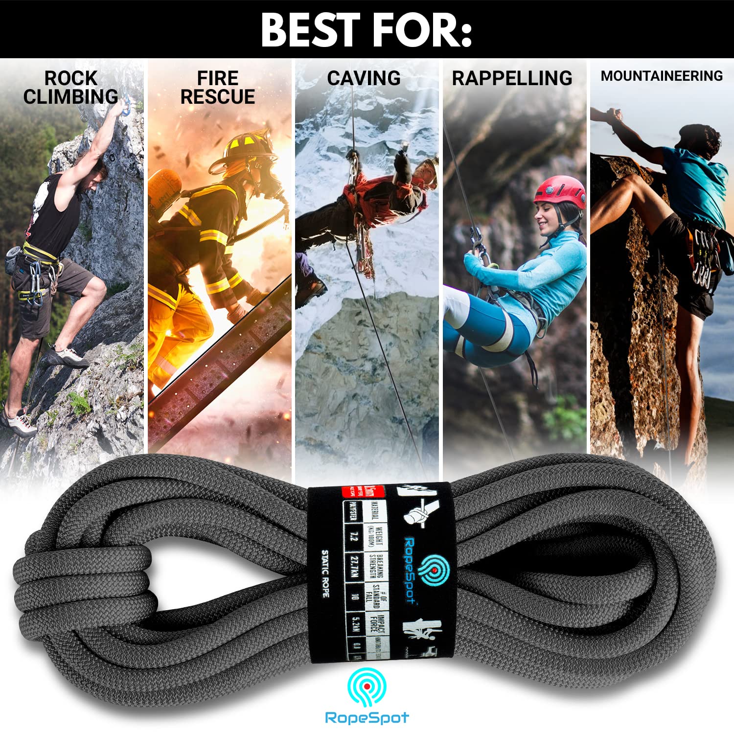 UIAA Certified 10.5mm Static Climbing Rope - High Strength Rock Climbing & Rescue Rope for Mountaineering, Rappelling & Outdoor Adventures