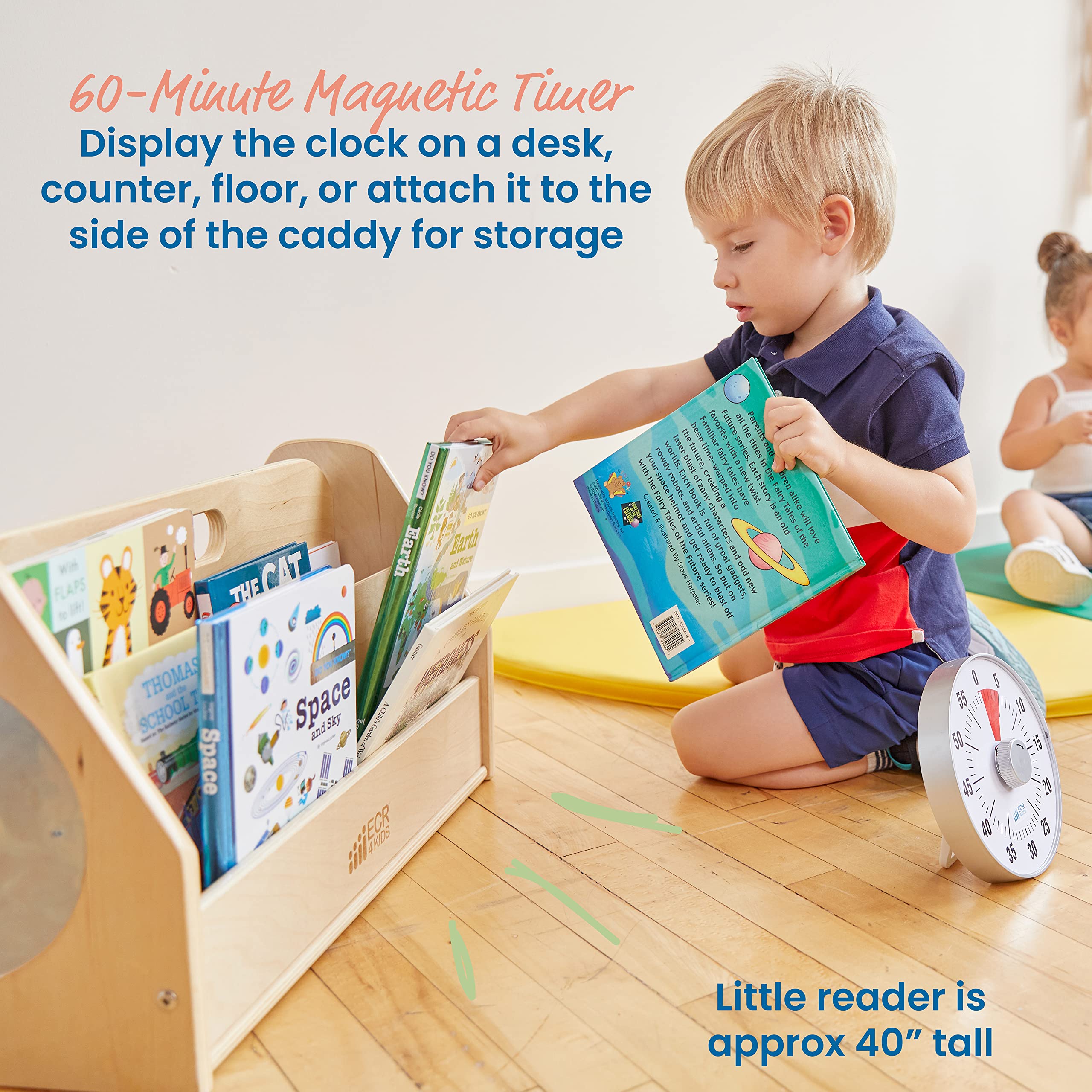 ECR4Kids Double-Sided Book Storage Caddy with Built-in Timer - Portable Classroom & Home Library Organizer - Natural Wooden Bookshelf for Kids Reading Corner & Teacher Supplies