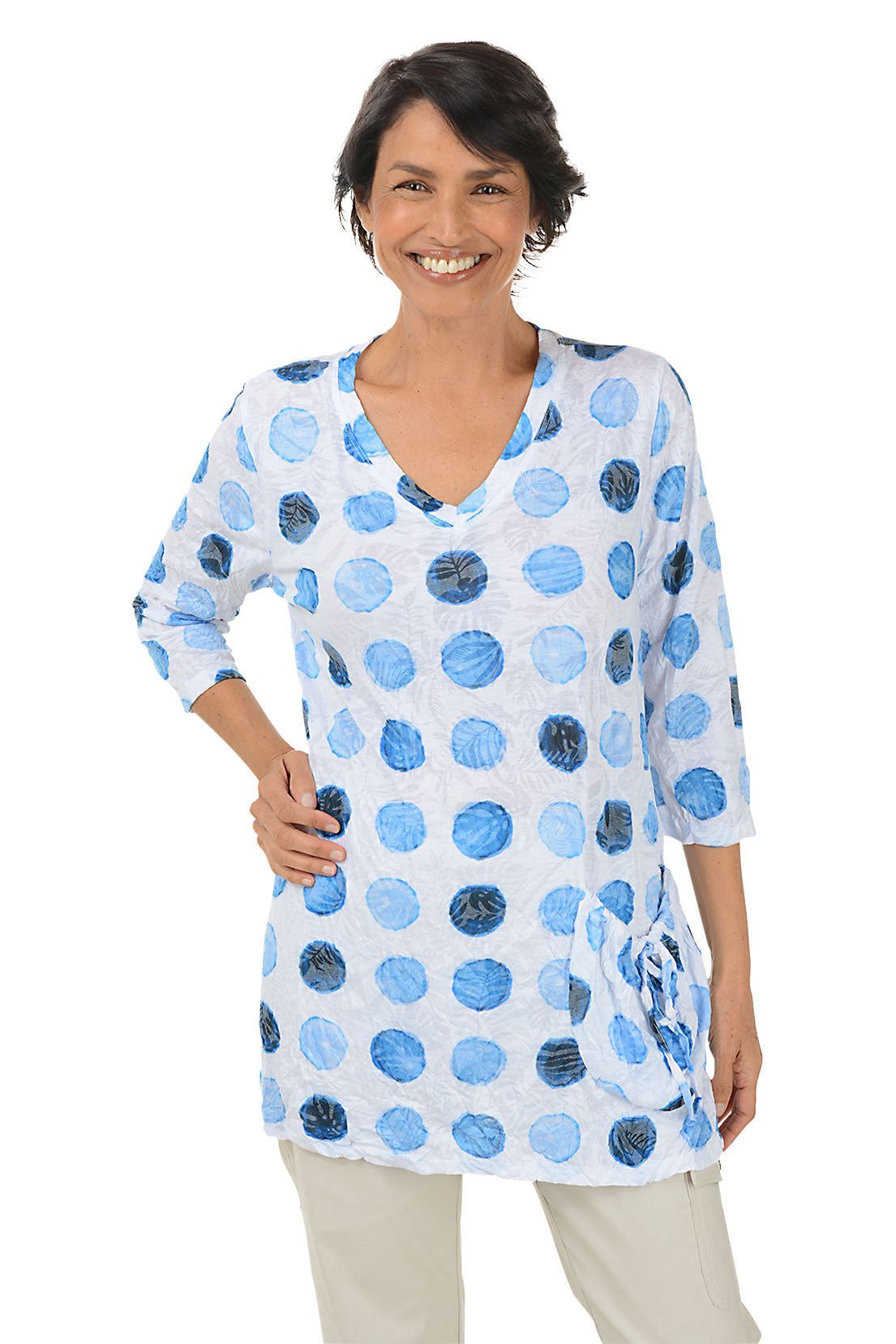 Moon Phases Crinkle Pocket Tunic - Stylish Women's Boho Blouse with Unique Lunar Design for Casual Wear, Date Night & Festival Outfits