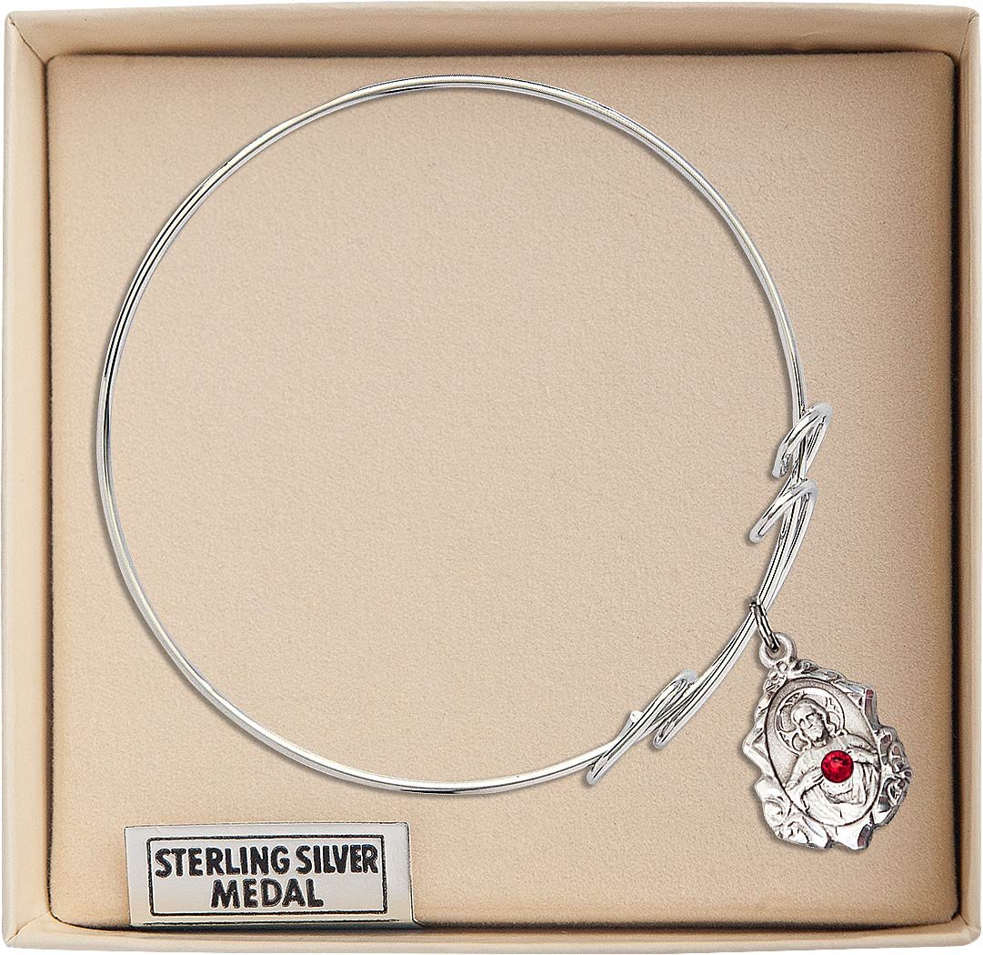 8 Inch Round Double Loop Bangle Bracelet with Scapular Medal Charm & July Red Crystal - Elegant Jewelry for Women, Perfect for Parties, Weddings, and Everyday Wear