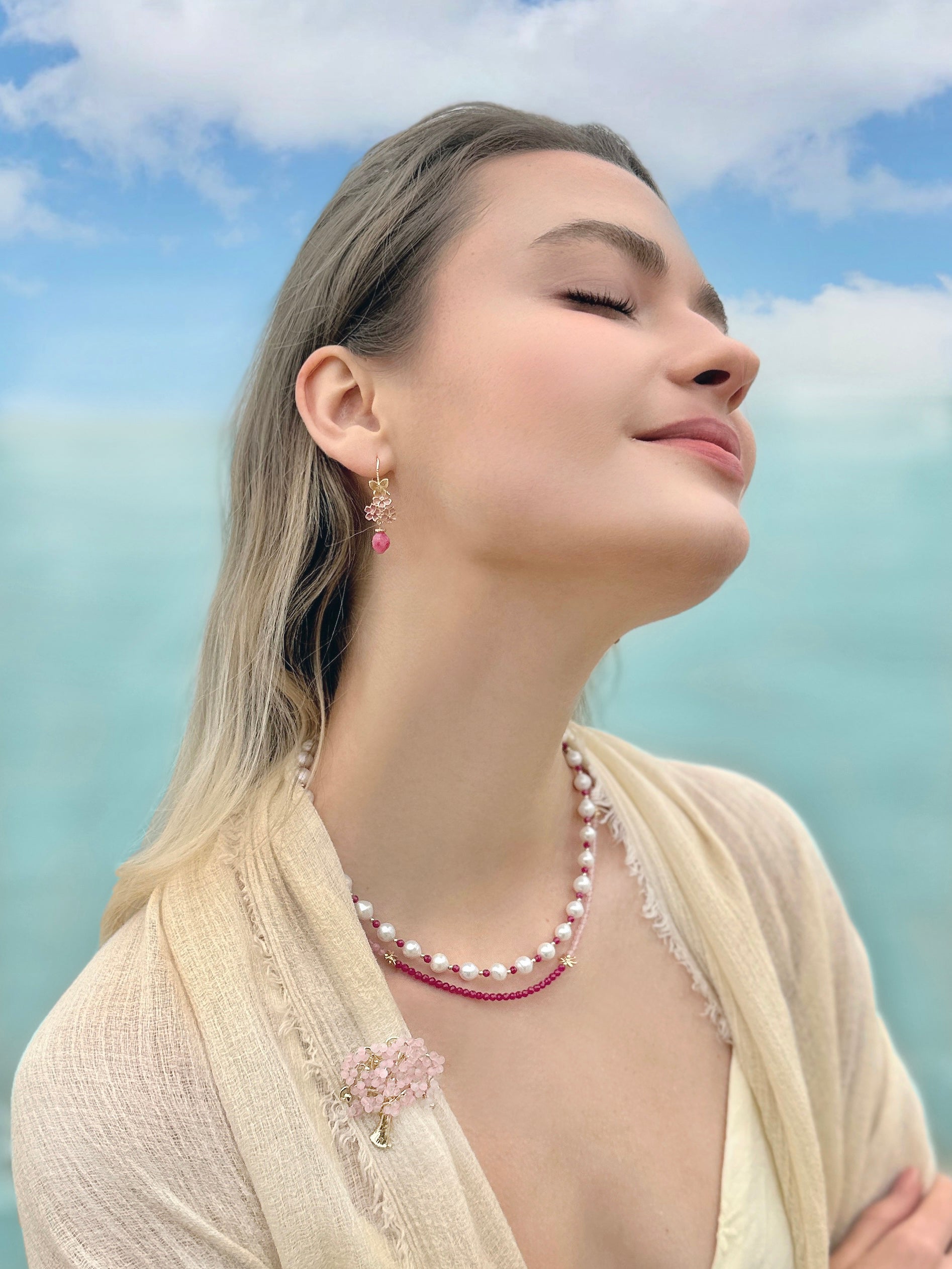 Pink Gemstone Dangle Earrings - Glazed Flower Design LE002 | Elegant Jewelry for Women, Perfect for Weddings, Parties & Special Occasions