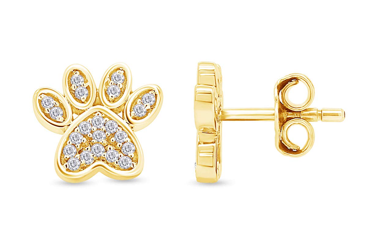 10K Yellow Gold Round Cut Simulated Birthstone Dog Paw Print Stud Earrings for Women - Push Back Closure, Perfect for Pet Lovers, Gifts & Everyday Wear