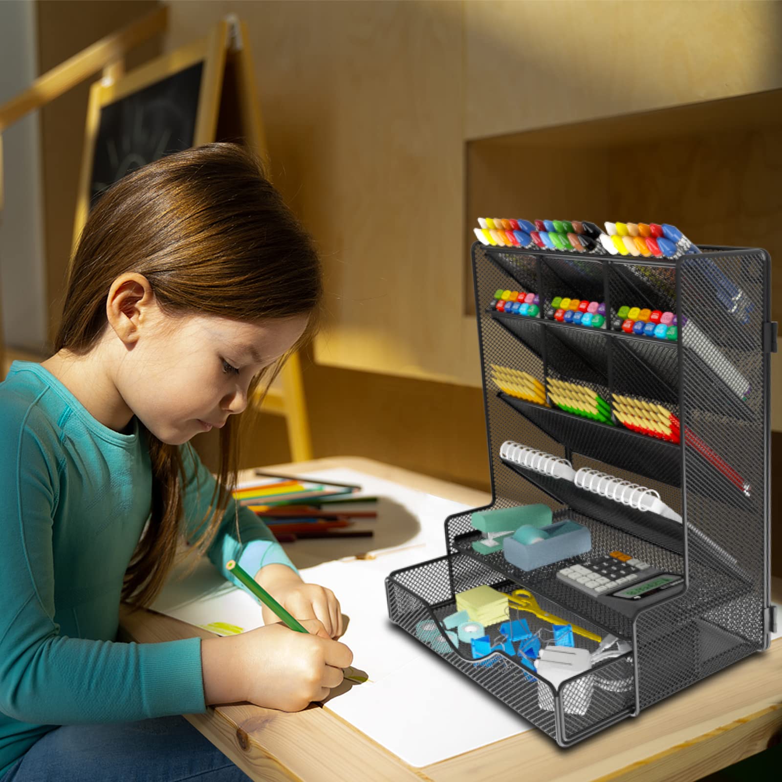 Multi-Functional Desk Pen Organizer with Drawer - Wall Mount Pencil Holder for School, Office & Home - Perfect for Art Supplies, Stationery & Craft Storage (Black) | Ideal for Workspace Organization & Creative Projects