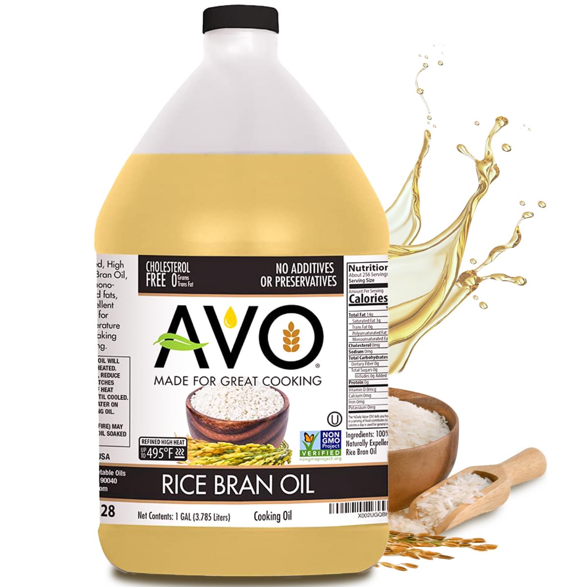 AVO NON GMO 100% Pure Rice Bran Oil - 1 Gallon (128 oz) - Natural Cooking Oil for Frying, Baking & Salad Dressing - No Preservatives Added - Healthy Kitchen Essential