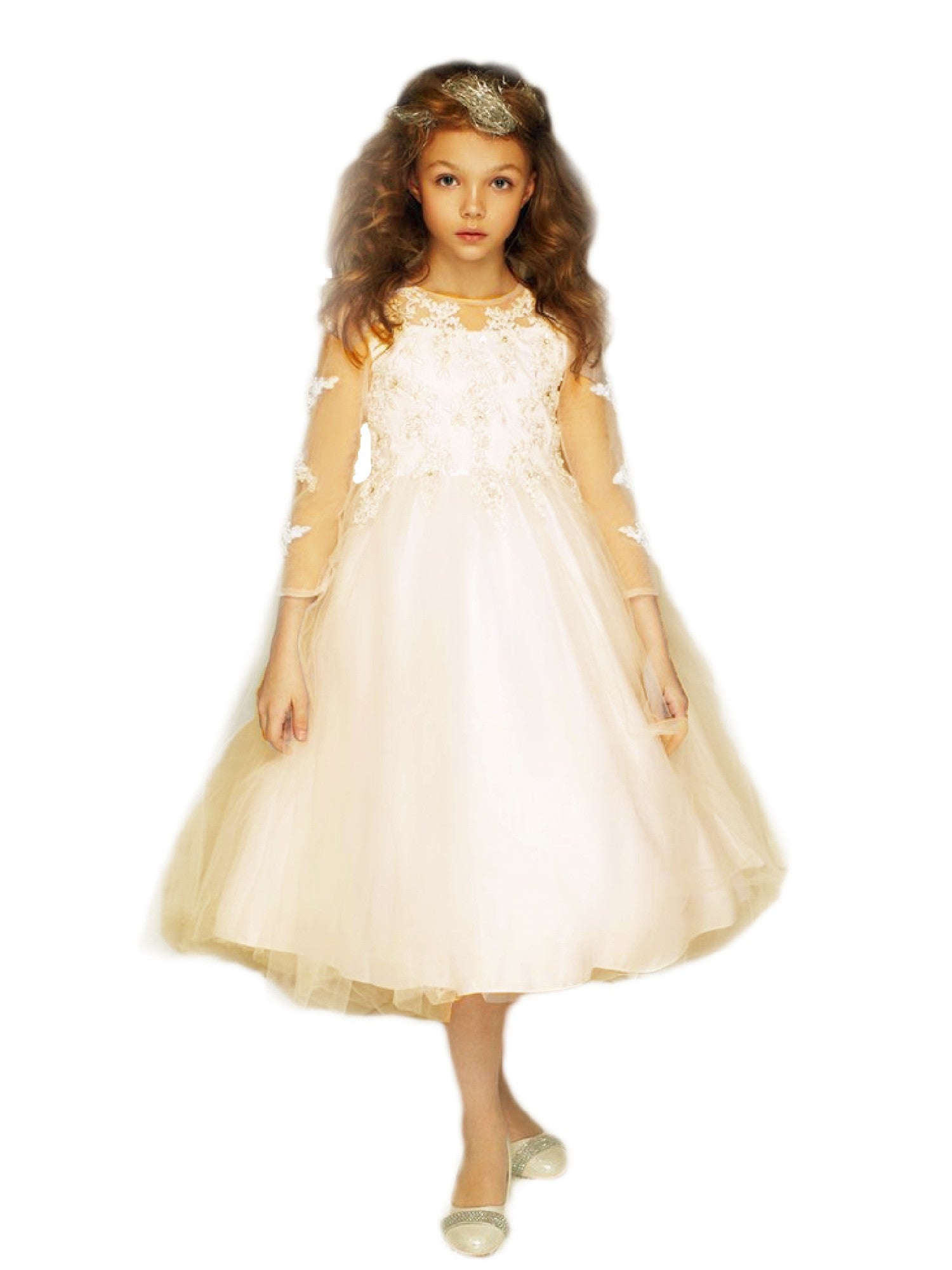 Champagne Embroidered Hi-Low Junior Bridesmaid Dress for Big Girls Size 8-16 | Formal Occasions, Wedding Party, Prom & Special Events