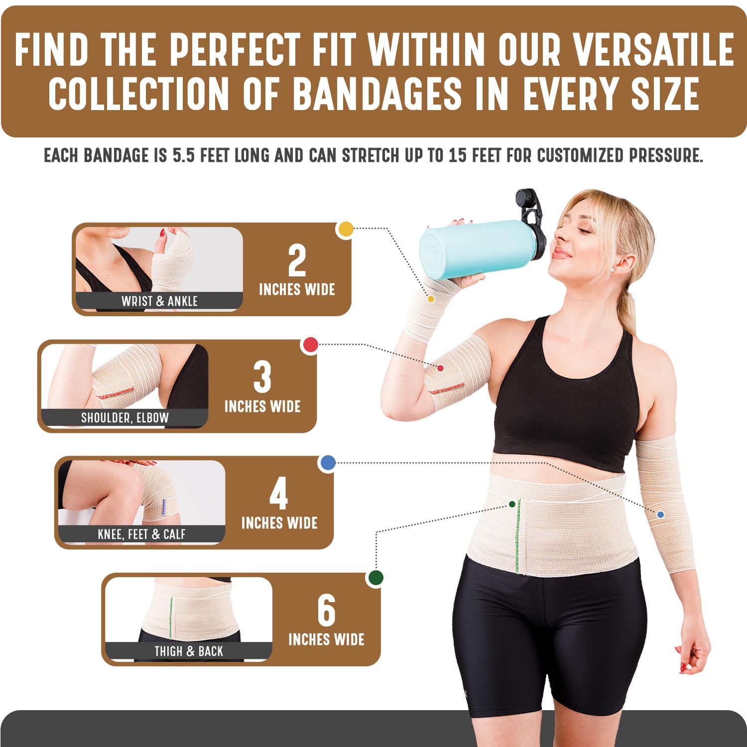 Premium Elastic Bandage Wrap (4” Wide, 50 Pack) - Latex-Free Athletic & Medical Compression Bandages with Hook & Loop Fasteners - Washable & Reusable for Sports Injuries, First Aid, Sprains, and Post-Surgery Support