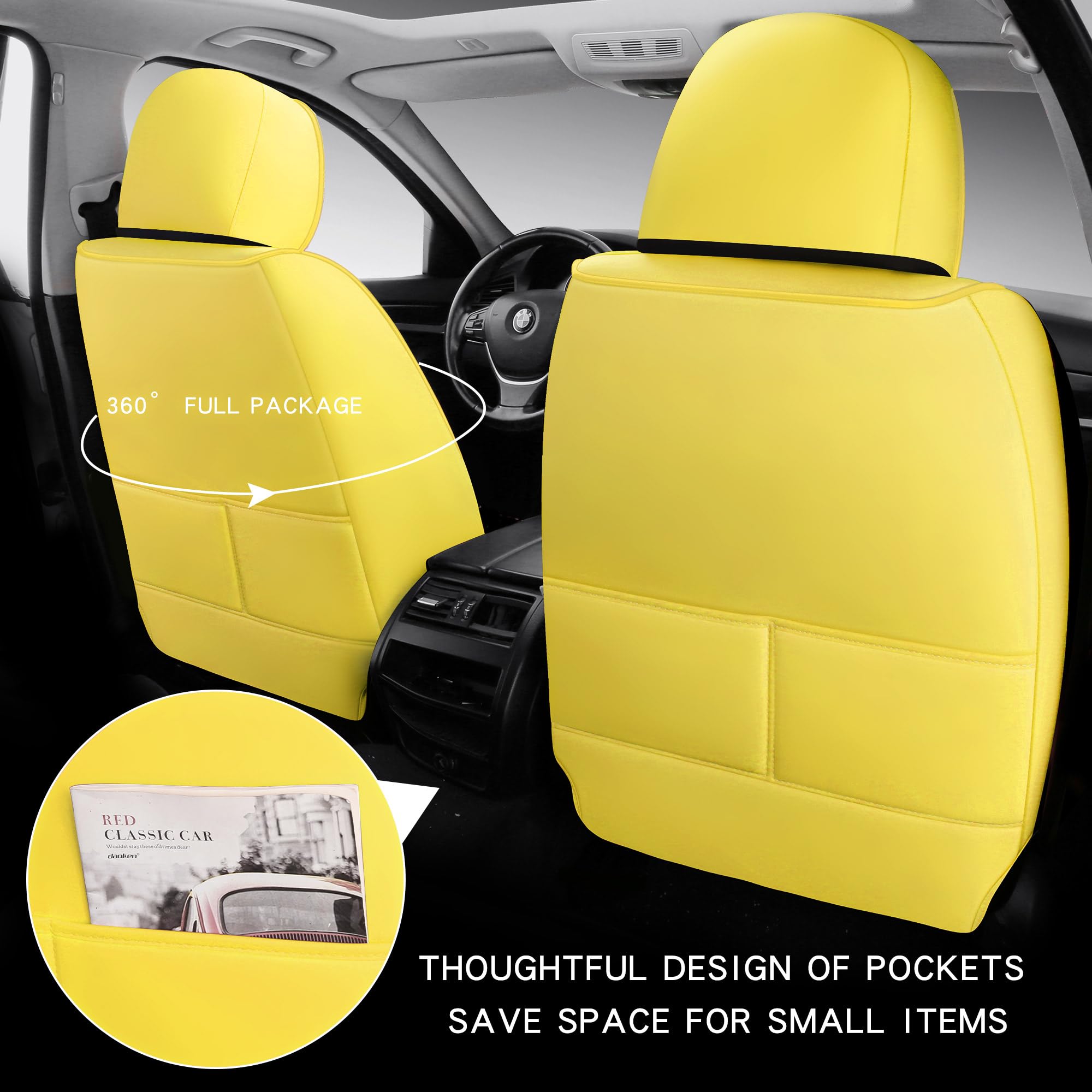 Premium YJZT01 Yellow & Black Leather Car Seat Covers - Waterproof Front & Rear Full Set for Cars, SUVs, Trucks | Universal Fit | Durable Protection for Daily Commute, Road Trips & Off-Road Adventures