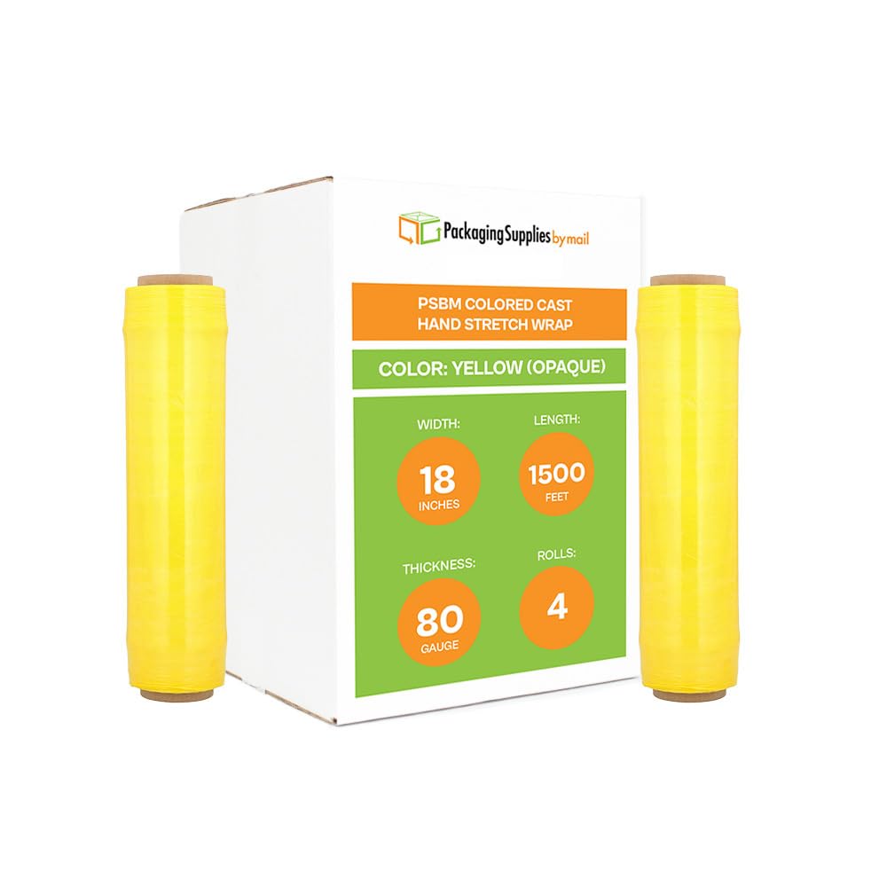 PSBM Yellow Cast Stretch Wrap - 4 Pack, 18 Inch x 1500 Feet, 80 Gauge Heavy Duty Opaque Hand Stretch Film for Moving, Packing, Shipping & Pallet Wrapping - Secure Storage & Transportation