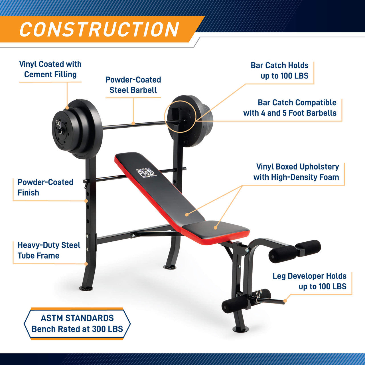 Marcy Pro Standard Weight Bench with 100 lb Weight Set - Adjustable Home Gym Equipment for Strength Training | PM 2084 | Perfect for Home Workouts & Muscle Building