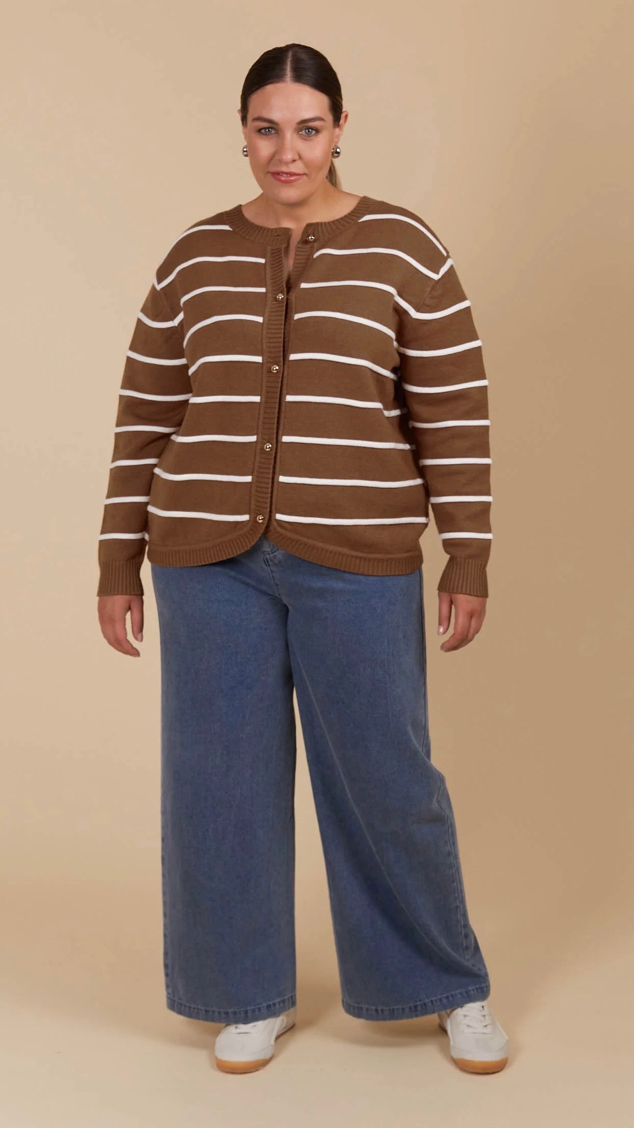 Juno Stripe Jumper Cardigan for Women - Soft Knit Toffee Brown Sweater | Cozy Fall & Winter Layering for Office, Date Night and Casual Outfits