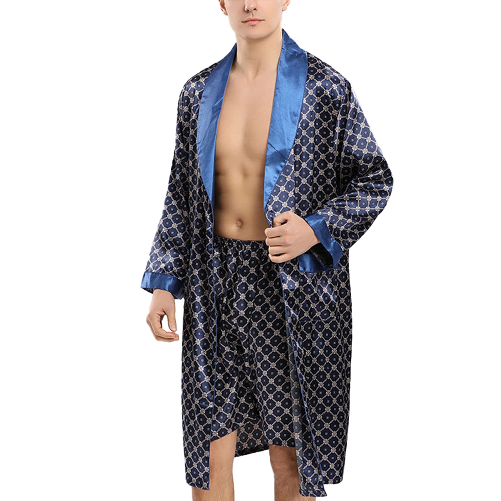Luxury Men's Satin Pajama Set - Long Sleeve V-Neck Nightgown & Pajama Bottoms - Soft Sleepwear & Loungewear for Men (Dark Blue, XXL) - Perfect for Relaxing at Home, Spa Days & Cozy Evenings