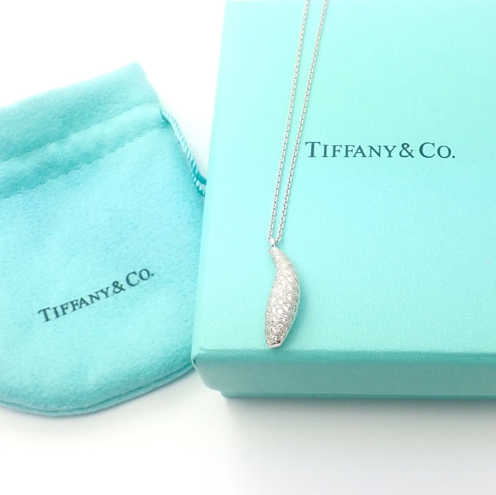 Authentic Tiffany & Co 18K White Gold Frank Gehry Diamond Fish Pendant Necklace - Elegant Jewelry Gift for Women, Perfect for Anniversaries & Special Occasions
