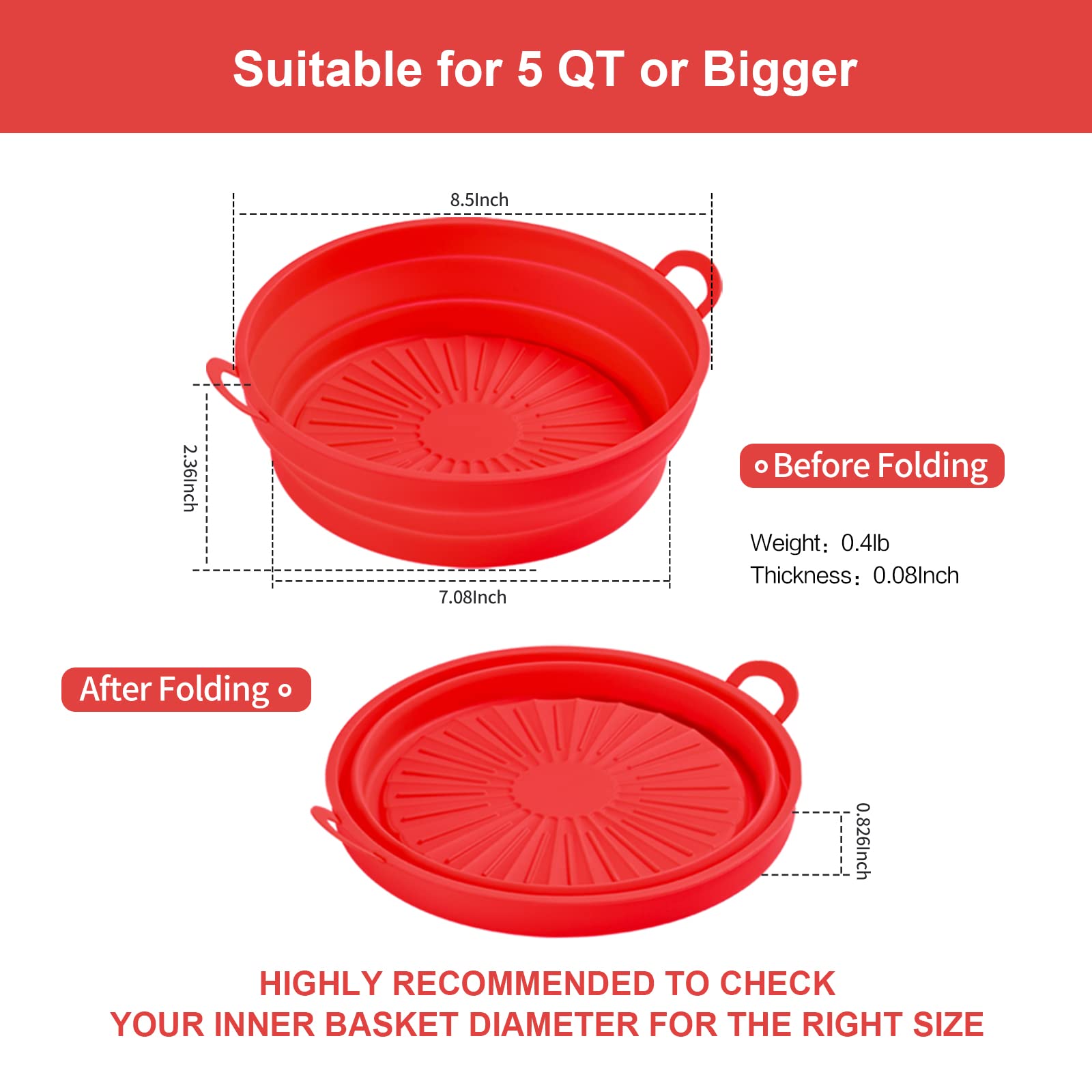 Reusable & Foldable 8.5 Inch Silicone Air Fryer Liners - Non-Stick Oven Basket for 5.3QT+ Air Fryers & Instant Pots - Perfect for Healthy Cooking, Baking, and Easy Cleanup