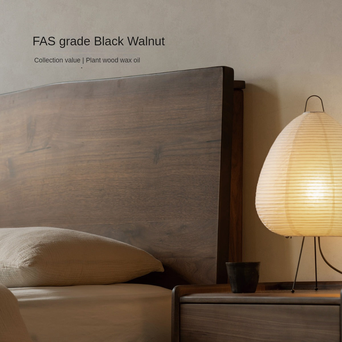 Black Walnut Solid Wood Bed Frame - Wabi Sabi Style Minimalist Bedroom Furniture for Zen & Japandi Home Decor