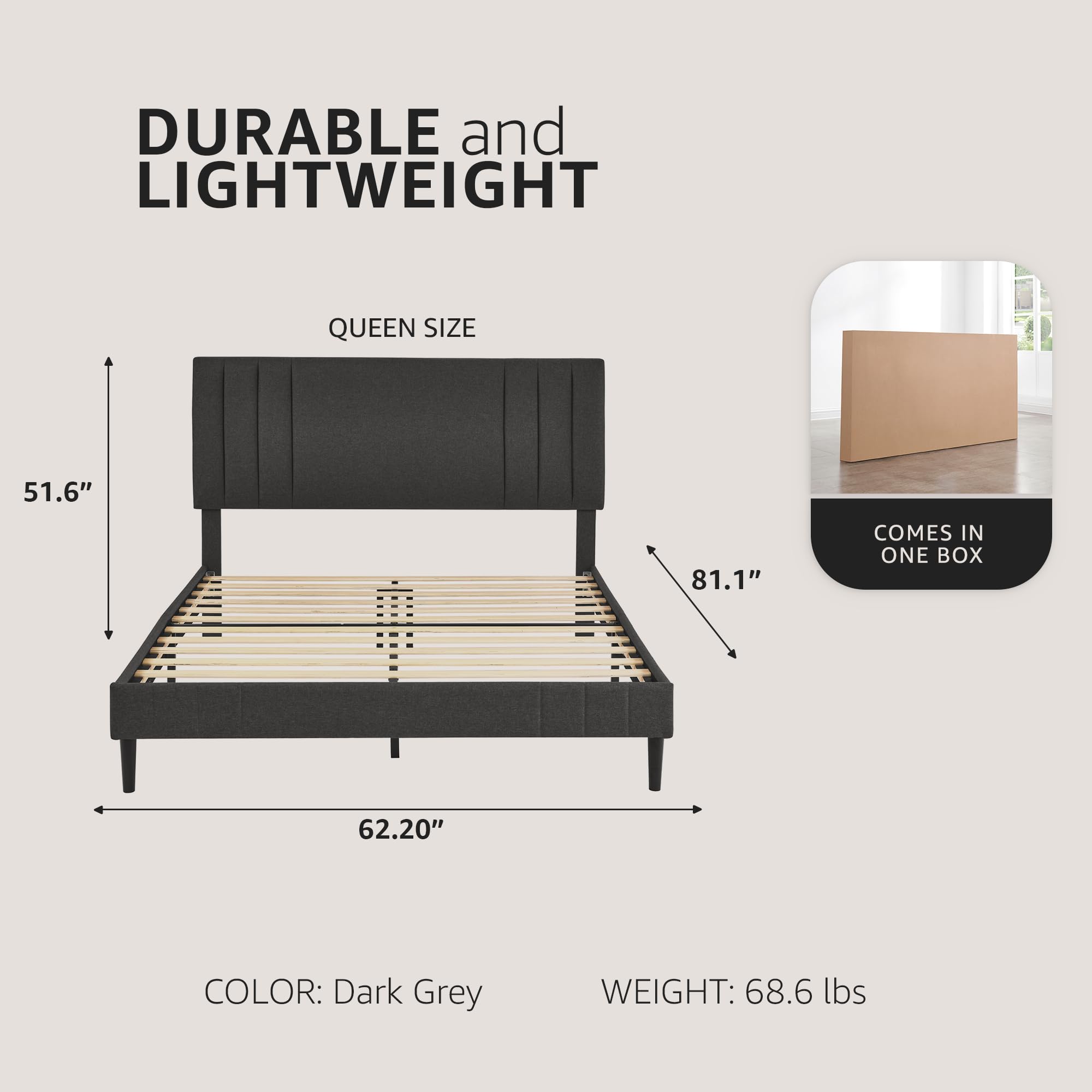 Modern Tufted Upholstered Platform Queen Bed Frame - Dark Grey Fabric Headboard - Chicago Style Bedroom Furniture for Master Bedroom & Guest Room