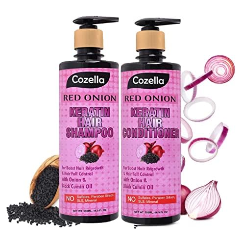 Cozella Red Onion & Black Cumin Oil Shampoo and Conditioner Set - 500ml Each | Sulfate, Paraben & Silicone Free | Hair Fall Control & Keratin Treatment for Damaged Hair | Perfect for Daily Hair Care & Scalp Nourishment