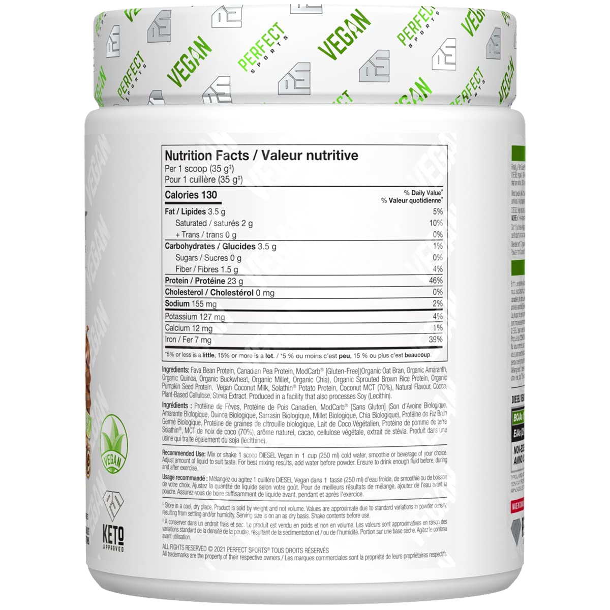 PERFECT Sports DIESEL Vegan Protein Powder - 100% Plant-Based, Chocolate Ice Dream Flavor, 350g (10 Servings) | Post-Workout Recovery, Muscle Building, Healthy Vegan Diet Supplement