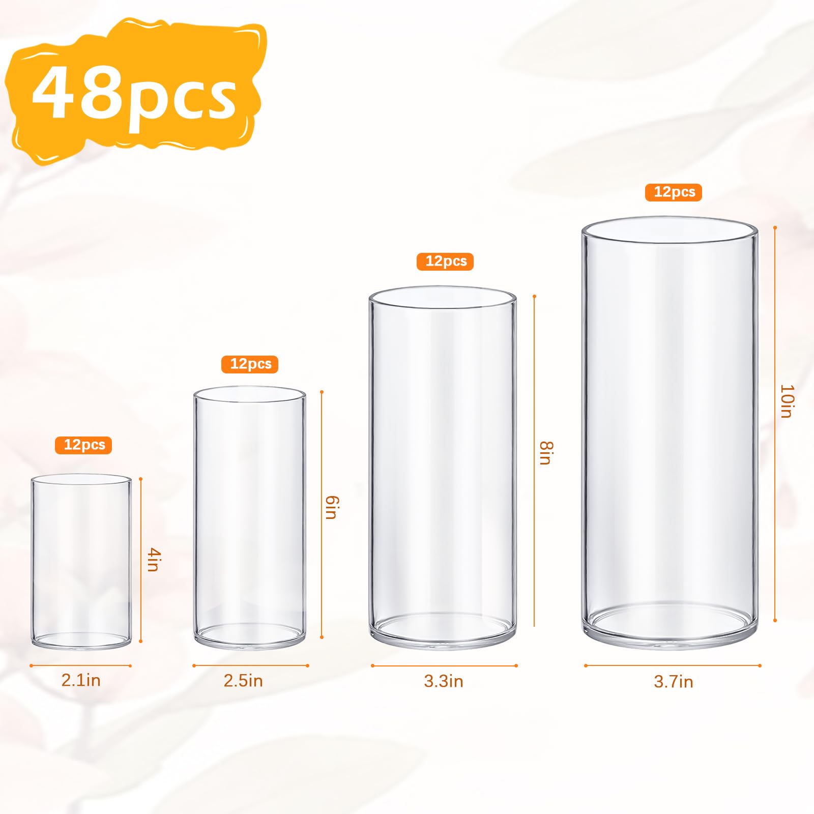 48 Pack Glass Cylinder Vases - 4,6,8,10 Inch Tall Clear Flower Vases with Hurricane Floating Candle Holders for Wedding Centerpieces, Home Decor, Party & Event Table Decorations - Perfect for Floral Arrangements, Candle Displays and Elegant Home Styling