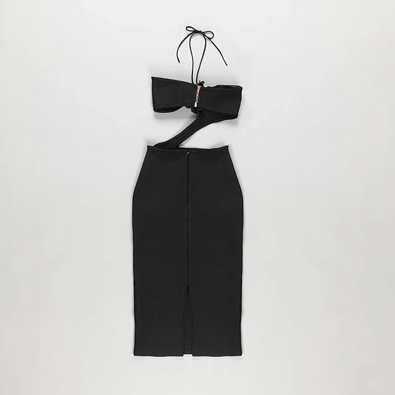 Black Women's Sexy Halter Bodycon Midi Dress - Rayon Bandage Fashion Runway Party Dress for Nightclub, Evening Out, Date Night & Special Occasions