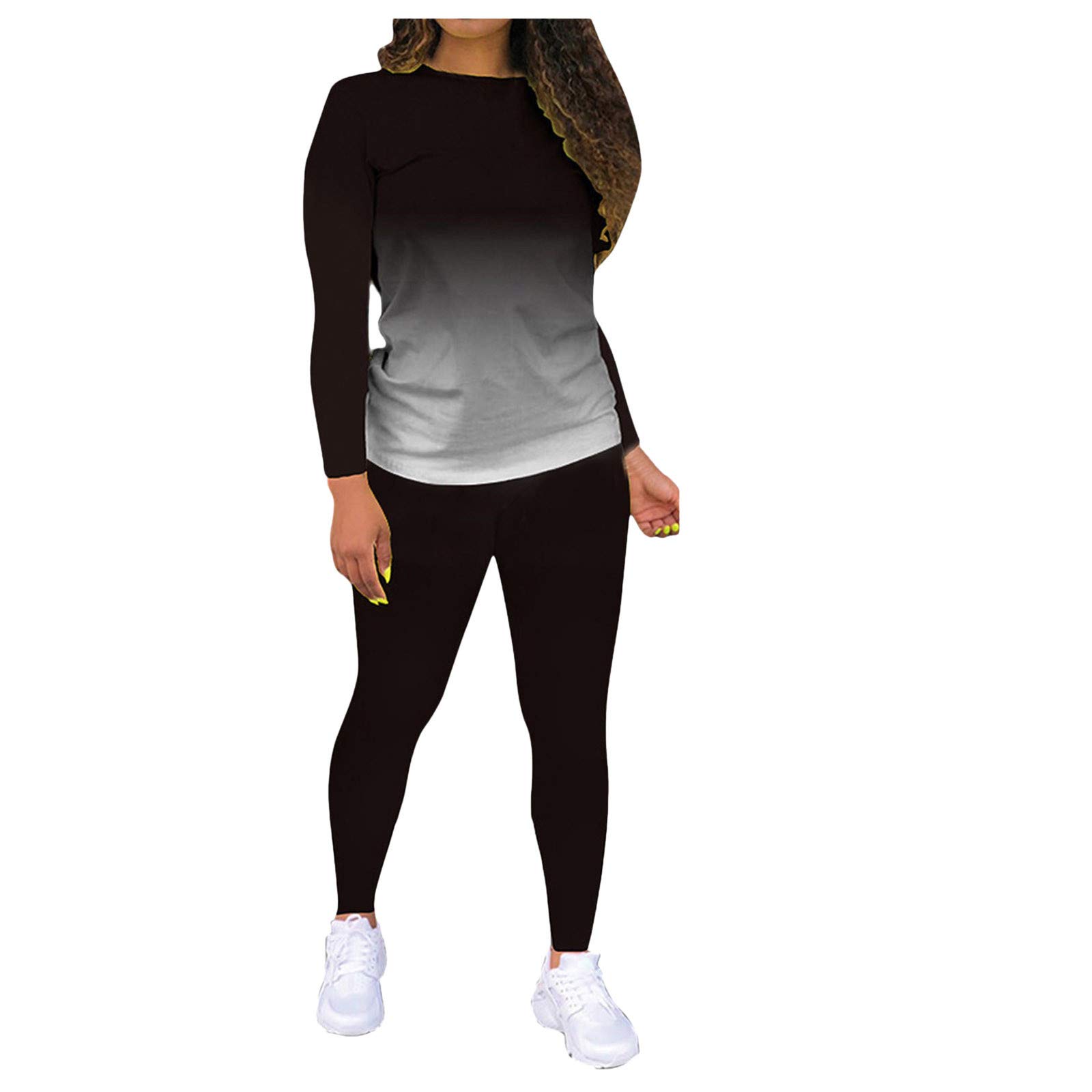 Gradient Printed Women's Long Sleeve Two-Piece Lounge Set - Soft Comfortable Home Wear (Black, XL) | Perfect for Relaxing at Home, Lounging, and Casual Outings