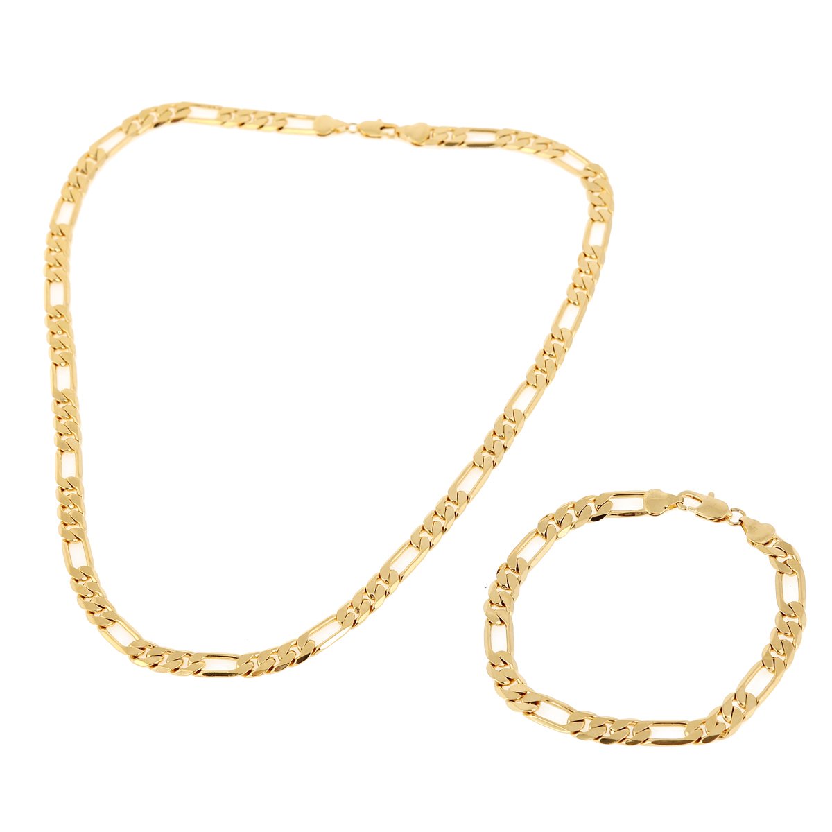 24K Gold Plated Men's Figaro Chain Necklace & Bracelet Set - Durable & Stylish Jewelry for Gifts, Parties, and Everyday Wear