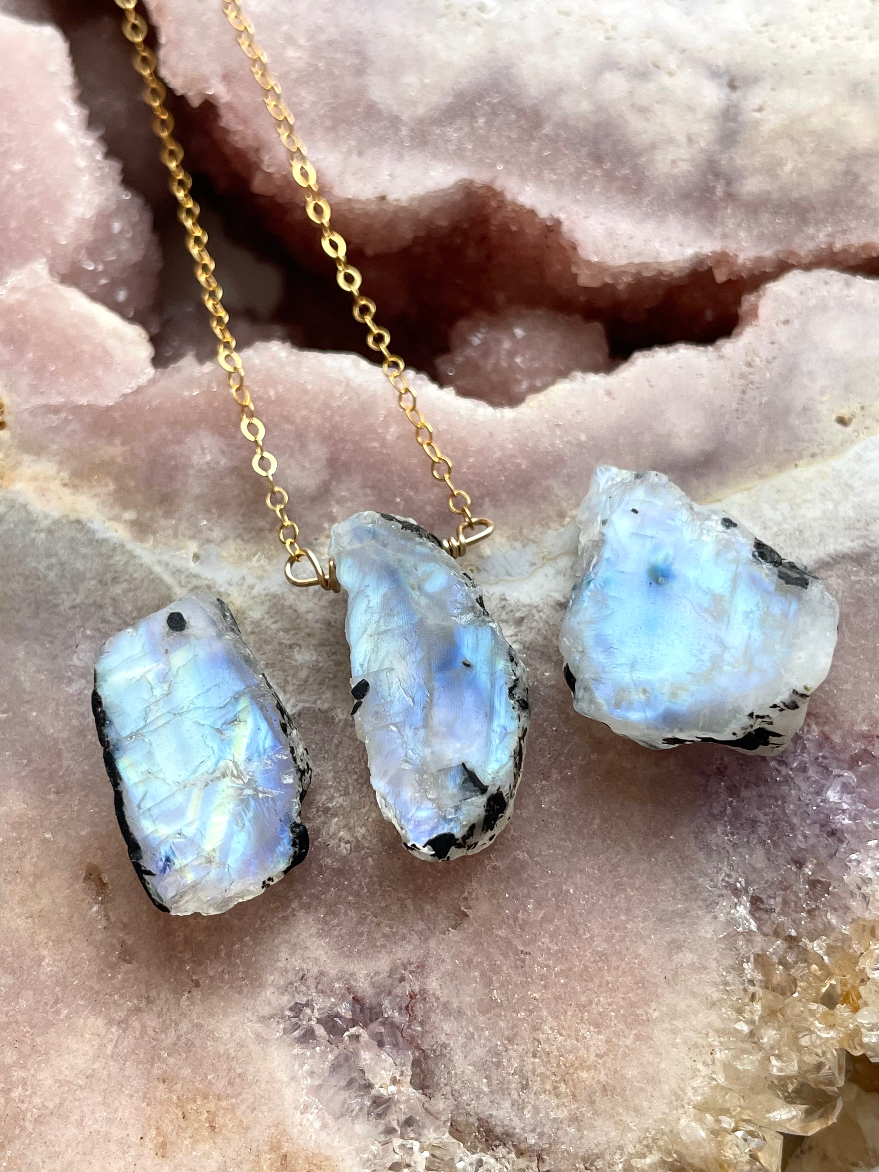 Natural Raw Moonstone Pendant Necklace - Sterling Silver or 14k Gold Filled Chain - Boho Jewelry for Women, Healing Crystal Gift for Meditation & Spiritual Energy