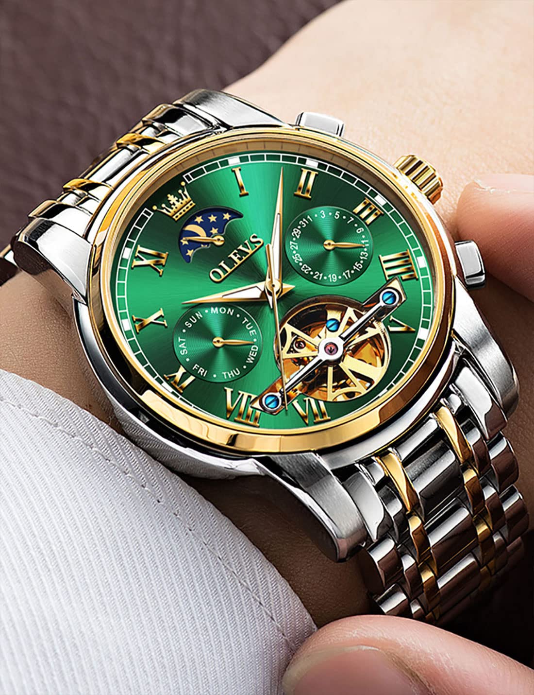 OLEVS Automatic Self-Winding Men's Watch with Date & Day Calendar, Stainless Steel Skeleton Tourbillon Watch - No Battery, Waterproof for Everyday Wear & Business Occasions