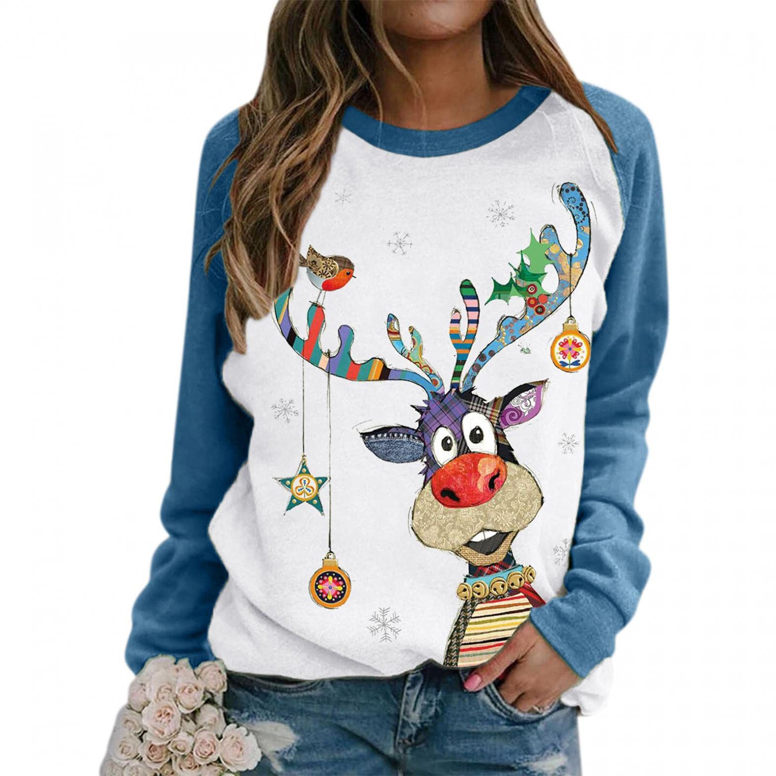 Ugly Christmas Sweaters for Women - Festive Reindeer Print Long Sleeve Pullover | Holiday Party Outfit & Family Gathering Apparel