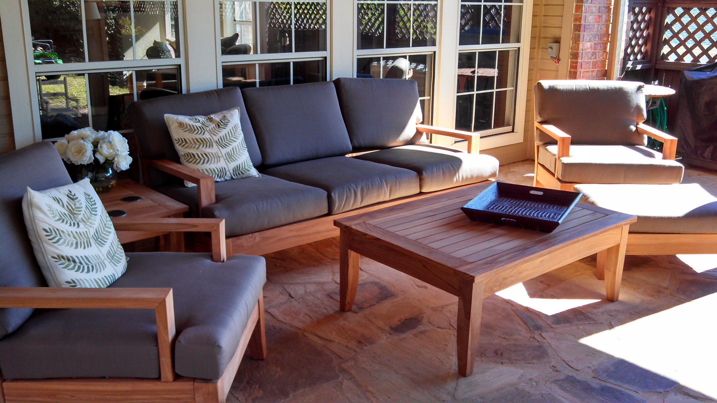 Atnas Luxurious 6-Piece Teak Outdoor Sofa Set with Sunbrella Fabric & Dupione Paradise Cushions - 3-Seater Sofa, 2 Lounge Chairs, 1 Ottoman, 1 Coffee Table, 1 End Table - Perfect for Patio, Garden, Poolside & Backyard Relaxation