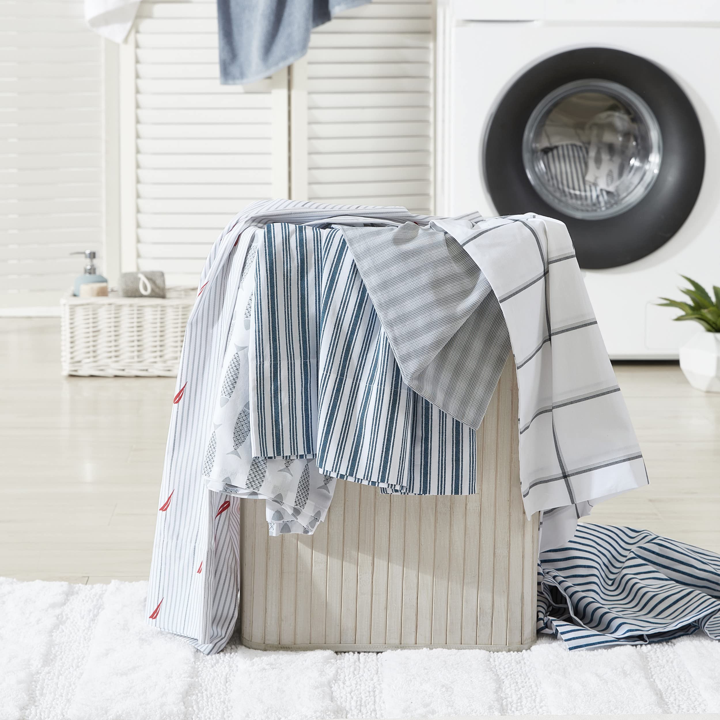 Nautica Twin Sheets - 100% Cotton Percale Bedding Set, Coastal Style Woodblock Fish Grey Design for Twin Beds | Soft & Breathable for Comfortable Sleep | Perfect for Beach House, Guest Room or Kids' Bedroom