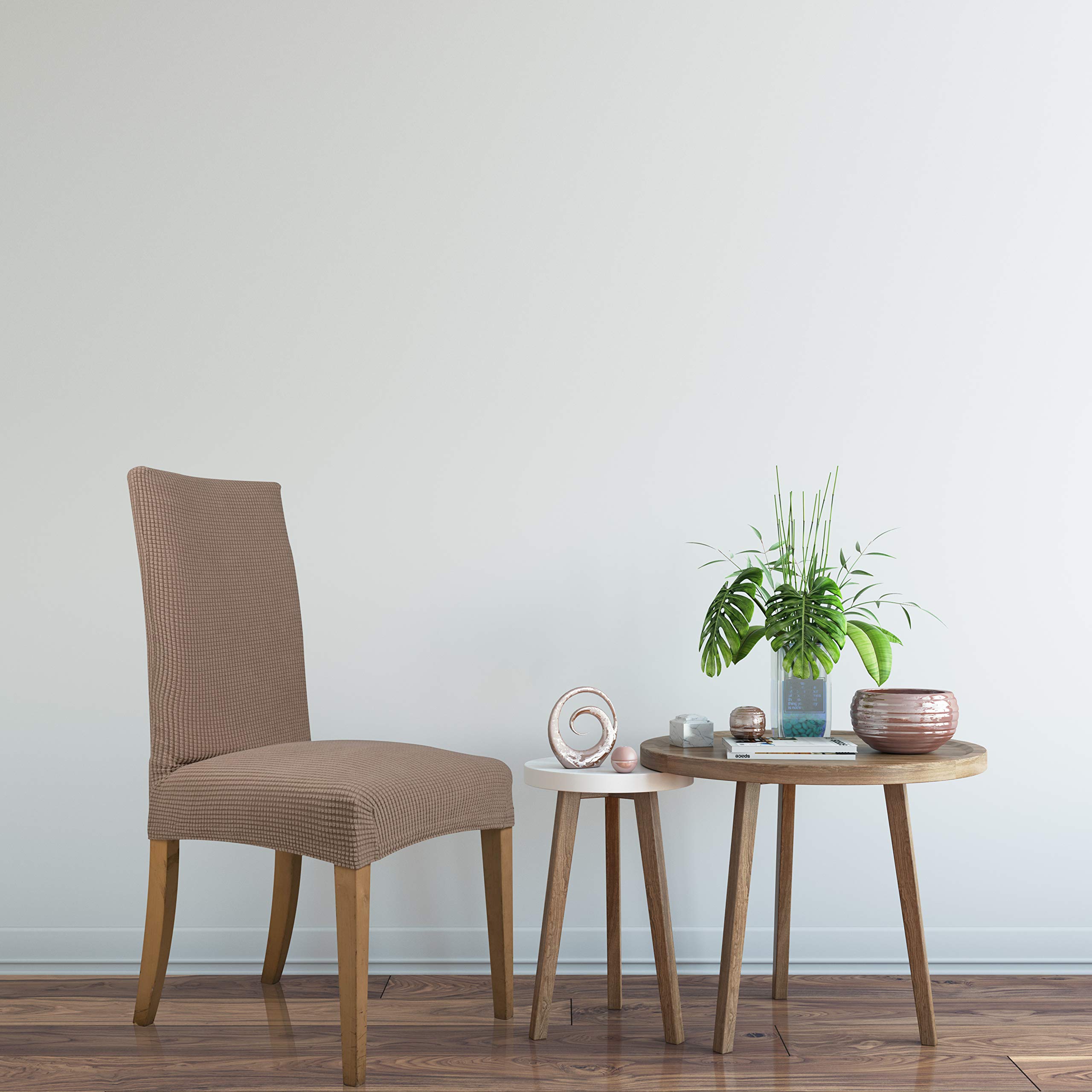 Everest Supply 4-Pack Stretchable Jacquard Fabric Dining Chair Slipcovers - Polyester Spandex Blend, Fits 15-17 Inch Wide Chairs, Beige - Perfect for Home, Motel, Resort & Commercial Use | Elegant Protection for Dining Rooms, Restaurants & Event Spaces