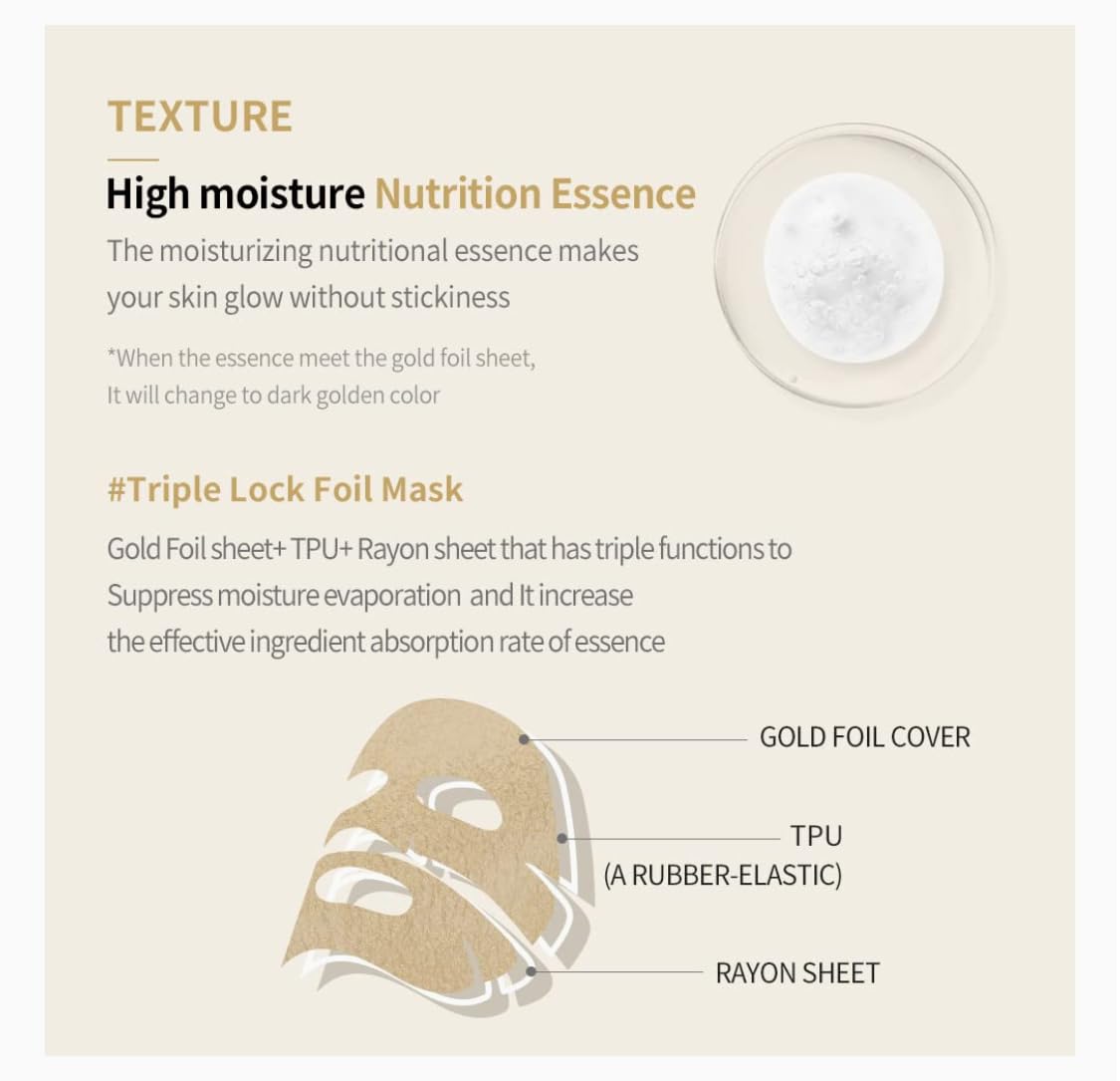 JM GOLD Premium 3-Layer Foil Face Mask - 35ml Intensive Hydrating & Nourishing Essence - Korean Skincare for Glowing Skin - 10 Sheet Pack | Perfect for Spa Night, Self-Care Routine & Gift Giving