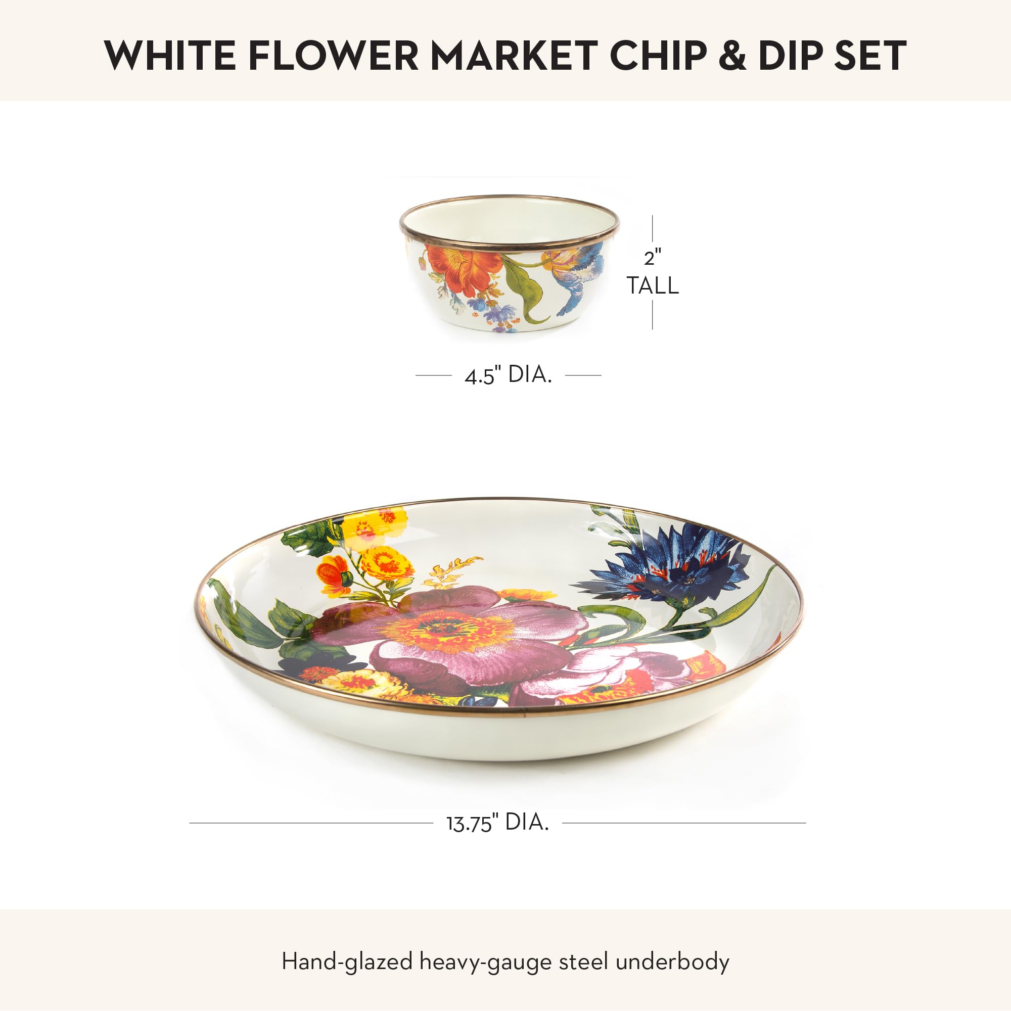MACKENZIE-CHILDS White Flower Market Chip and Dip Serving Set - Abundant Bowl & Pinch Bowl Set for Parties, Entertaining & Home Decor | Elegant Serving Dish for Chips, Salsa, Dips & Appetizers