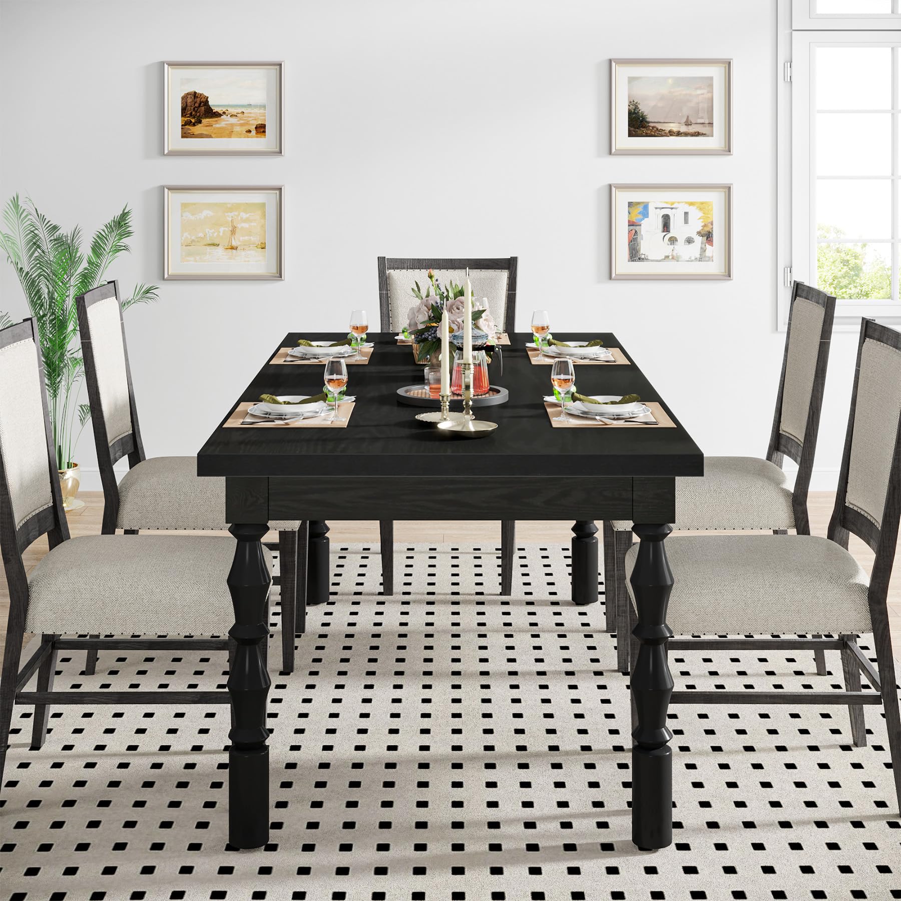 Tribesigns 62 Inch Solid Wood Dining Table for 4-6 People - Farmhouse Style Large Rectangle Kitchen Table with Carved Turned Legs - Modern Dinner Table for Kitchen & Dining Room - Perfect for Family Gatherings, Dinner Parties and Daily Meals