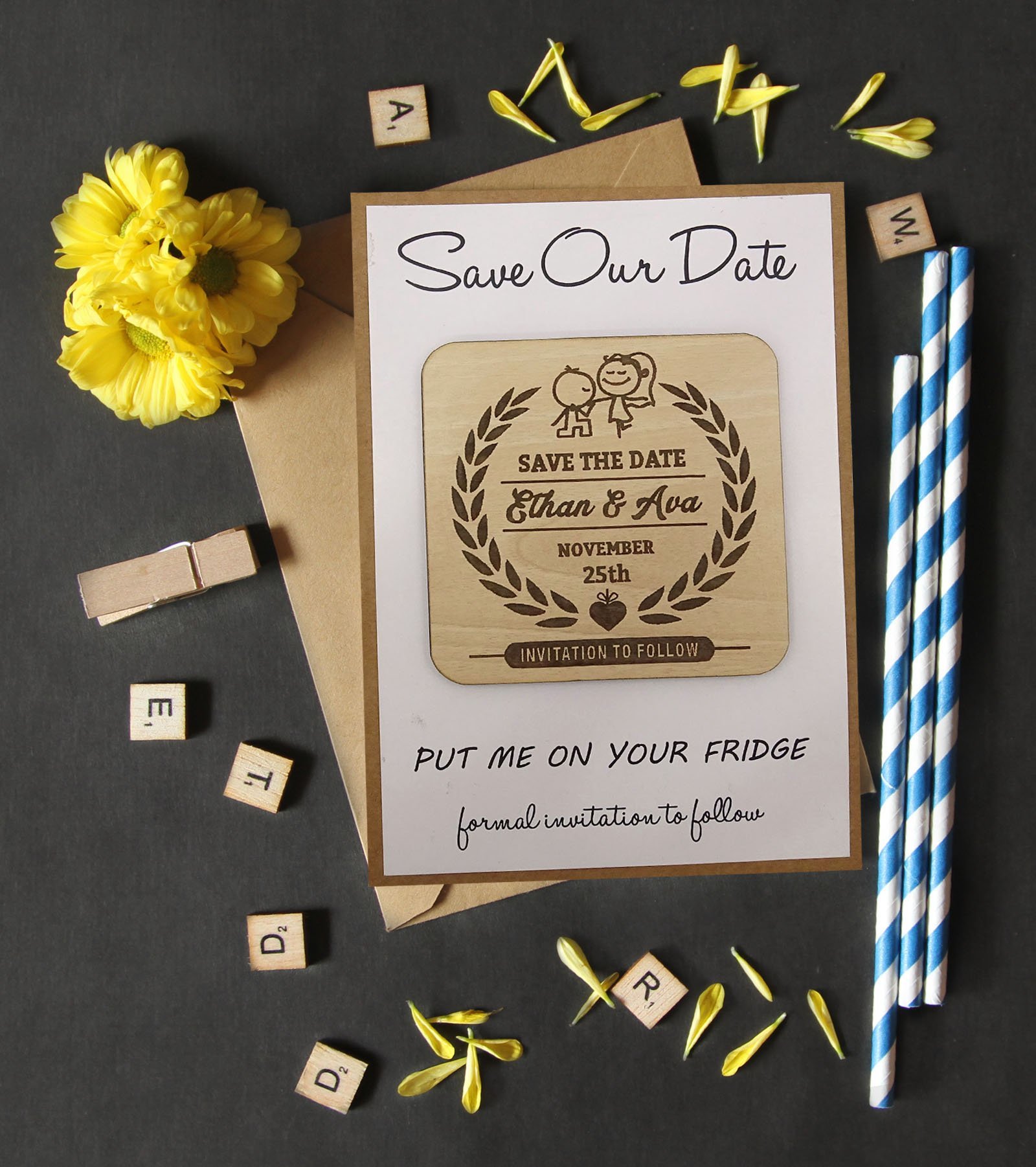 25 Custom Rustic Engraved Wood Magnet Save The Date Cards with Envelopes - Wedding Announcements & Invitations for Engagement, Bridal Shower, and Anniversary Celebrations
