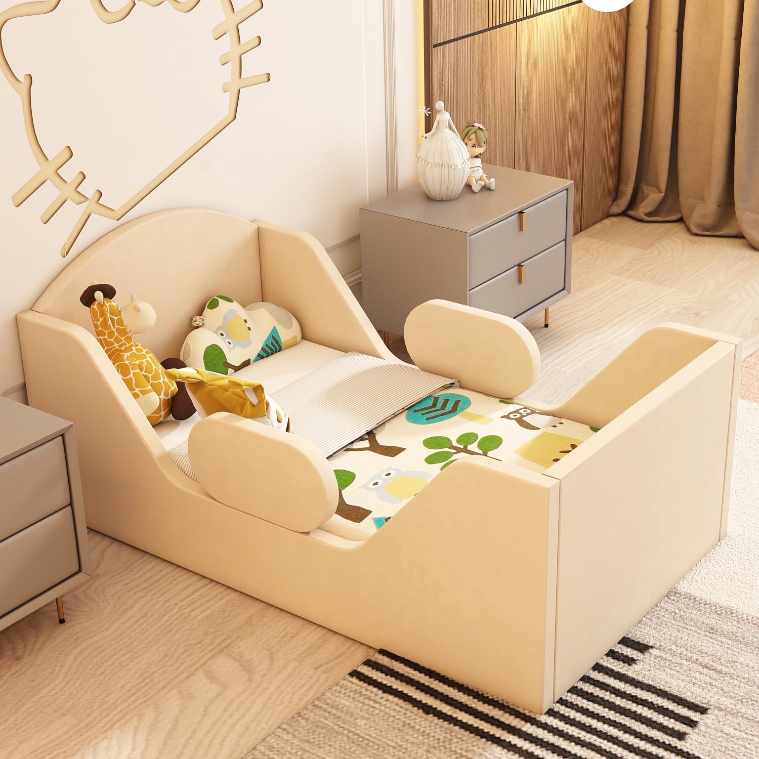 Round Toddler Bed with Safety Rail & Upholstered Headboard - Standard Crib Size Floor Bed for Kids 18 Months to 6 Years (Yellow, No Mattress Included) | Perfect for Montessori Rooms, Daycare Centers & Safe Toddler Sleep Spaces