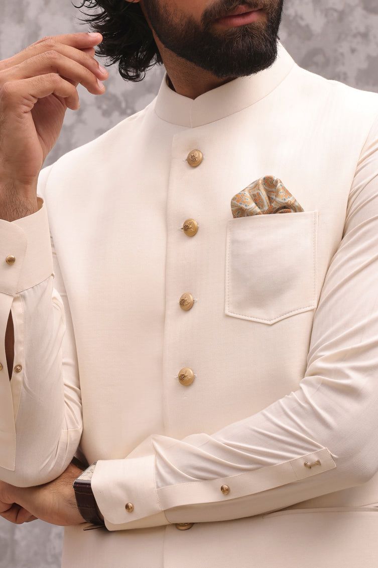 Elegant Blended White Shalwar Kameez with Waist Coat - J. Junaid Jamshed | Pakistani Traditional Outfit for Weddings & Festive Occasions