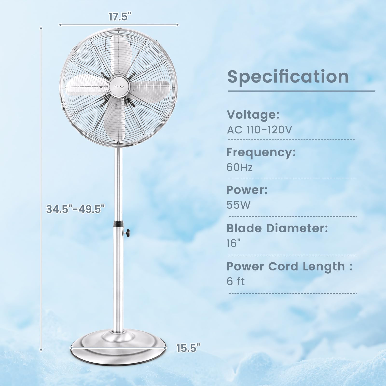 COSTWAY 16-inch High Velocity Metal Pedestal Fan - Quiet Standing Fan with 75° Oscillation, 3 Speed Settings & Height Adjustable Design - 4 Blade Floor Fan for Bedroom, Home Office & Shop (Silver) | Perfect for Cooling Large Rooms & Workspaces