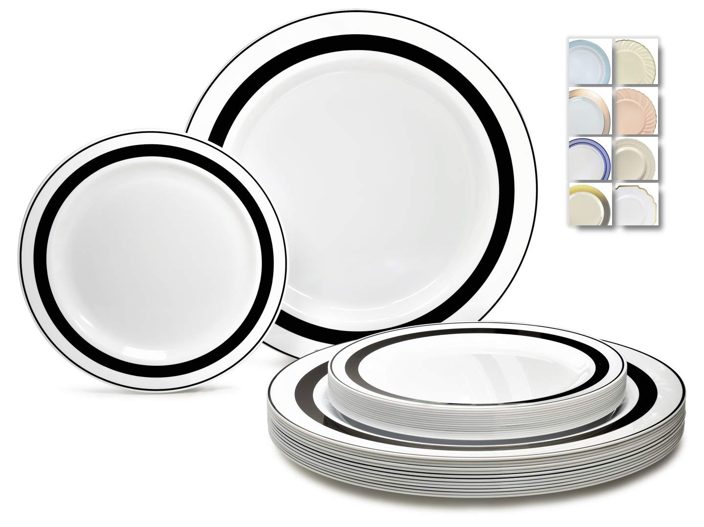 240-Pack Heavyweight Disposable Plastic Plates for Weddings & Parties - 120 x 10.5'' Dinner Plates + 120 x 7.5'' Salad/Dessert Plates (White & Black) - Premium Quality for Large Gatherings, Catering & Special Events