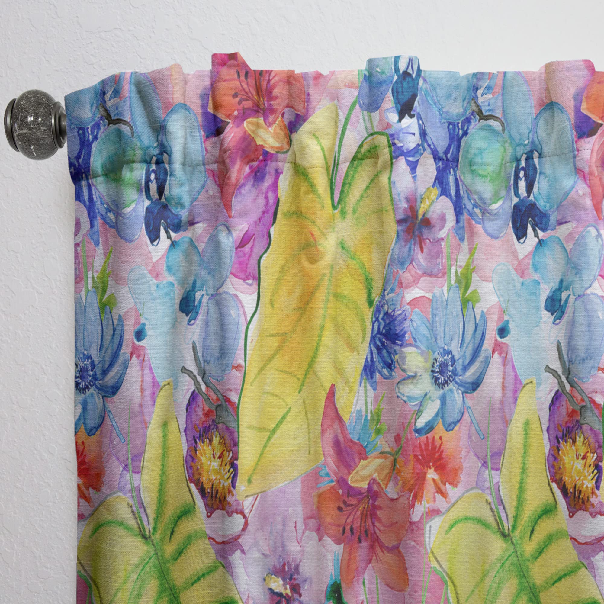 Tropical Yellow Leaves Blue Red Flowers Thermal Insulated Curtains - Single Panel 52x63 Inches - Perfect for Bedroom & Living Room Window Decor