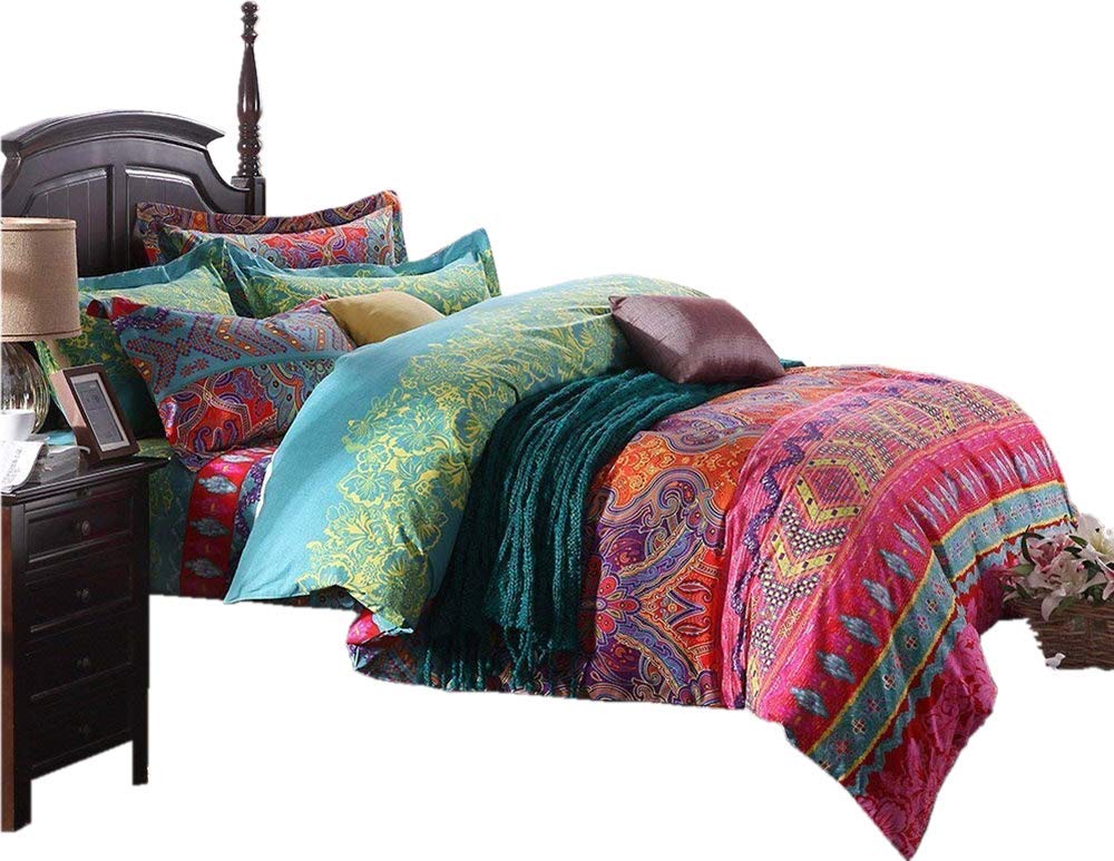 LELVA Bohemian Duvet Cover Set - 4 Piece Cotton Twin Size Bedding with Fitted Sheet | Exotic Ethnic Quilt Cover for Boho Chic Bedroom Decor