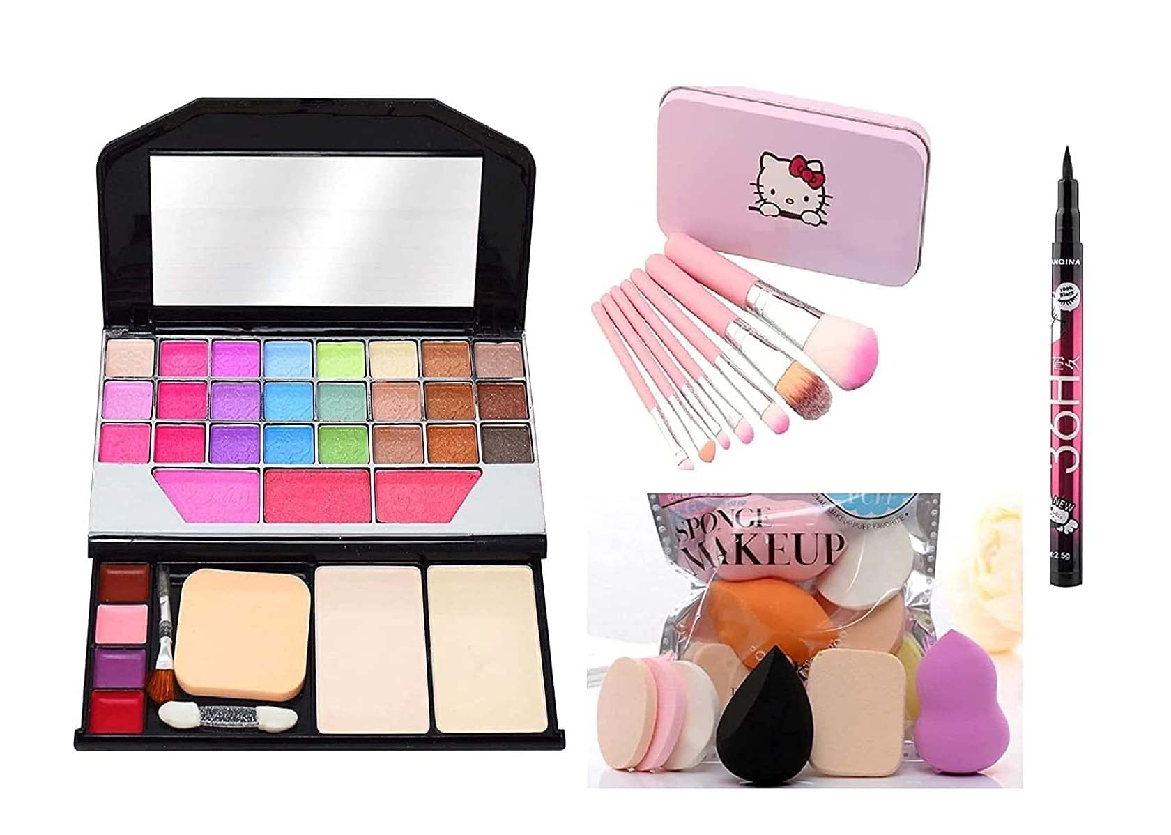 JEKANAZO'S Professional Makeup Kit - 6155 Tya Makeup Set with 7-Piece Pink Hello Kitty Brushes & 6-in-1 Blending Sponge, Includes Waterproof Eyeliner (15-Piece Set) | Perfect for Beginners, Travel & Professional Makeup Artists