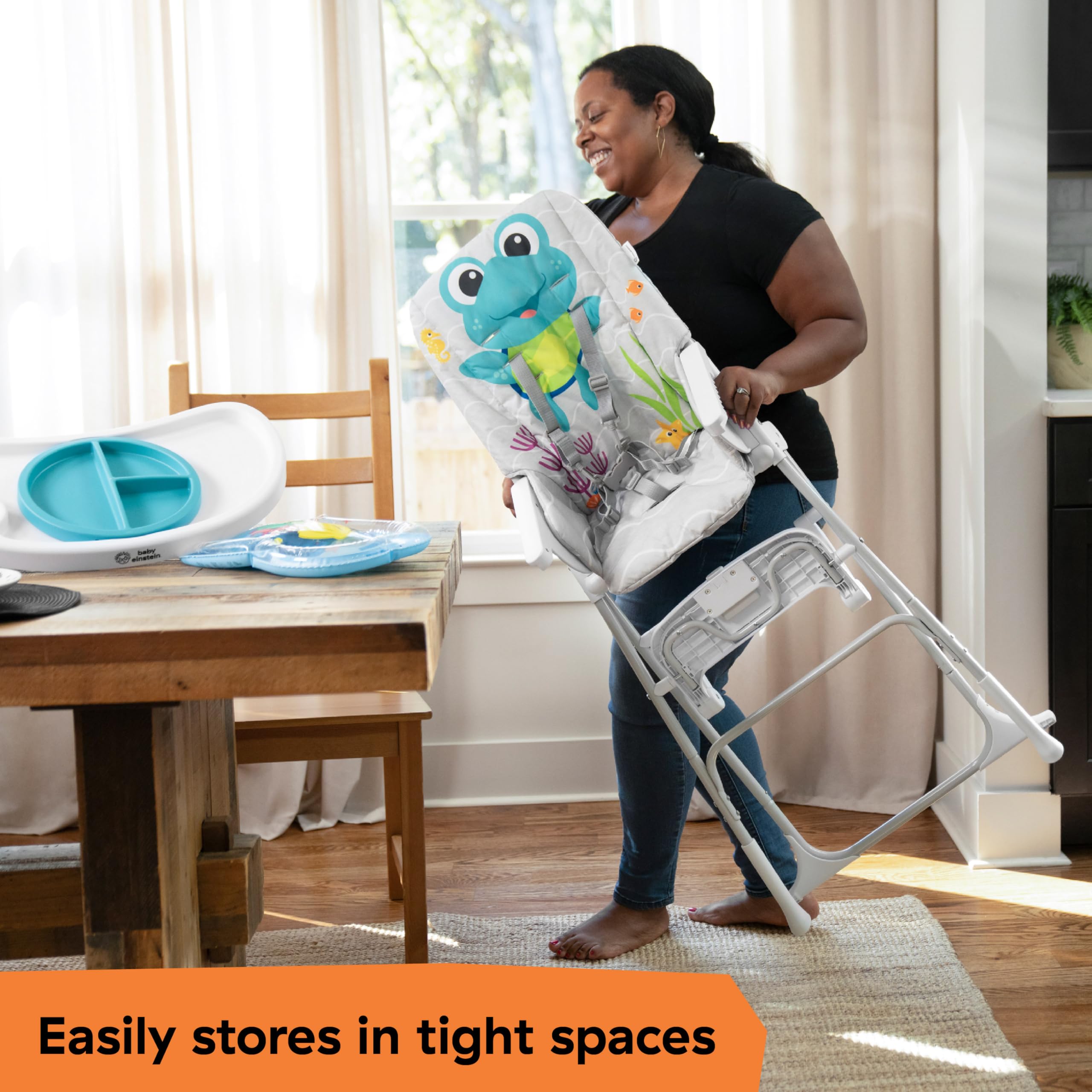 Baby Einstein Ocean Explorers Compact Folding High Chair with Water Mat - 5-Point Safety Harness for Infants 6+ Months | Portable Feeding & Play Seat for Beach, Poolside & Outdoor Adventures